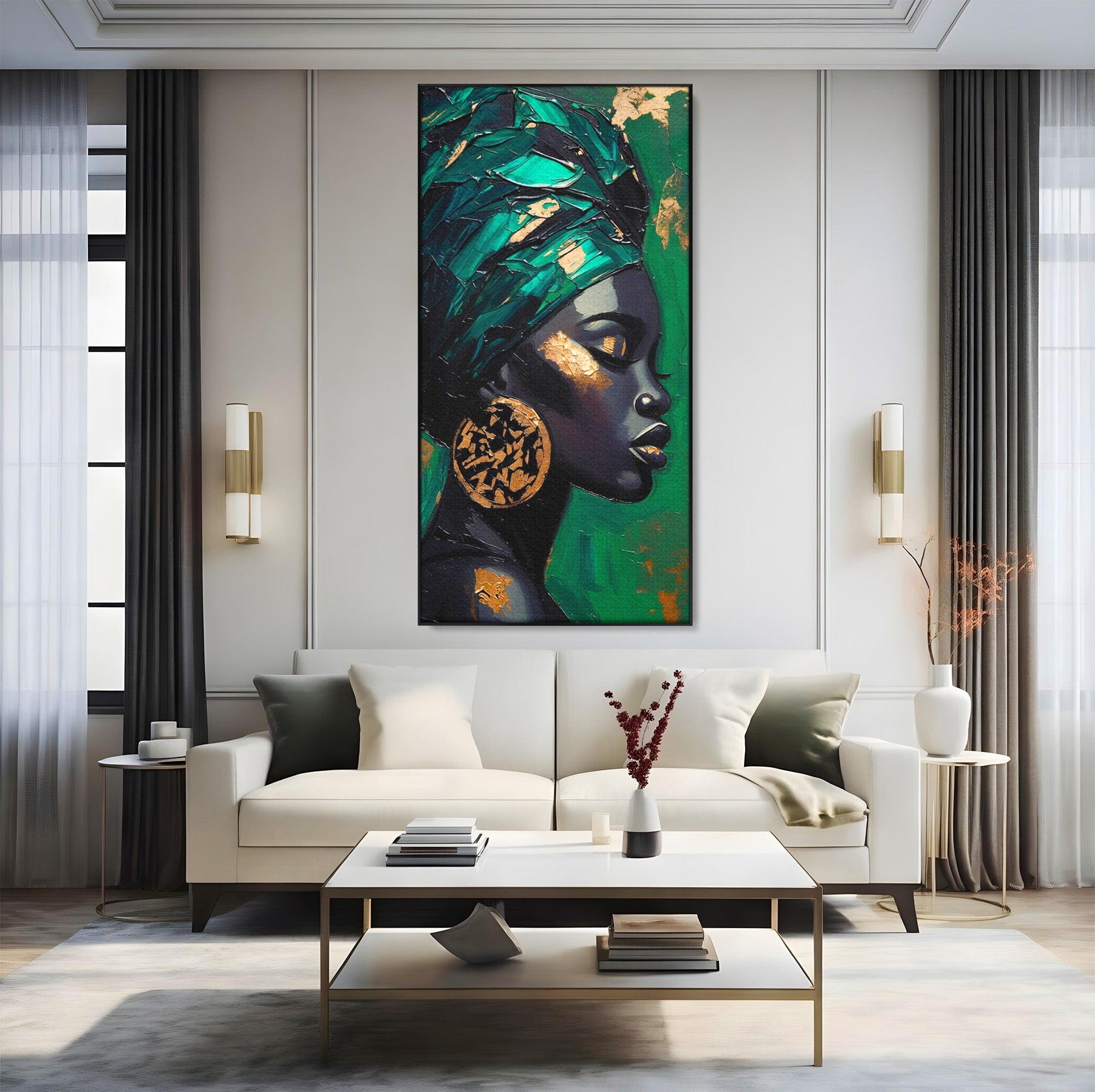 Tablou Canvas Premium LuxCanva® PI1323, Eleganta Verde, Turban, Femeie, African, Cercei, Eleganta, Arta, Culori Vibrante, Living, Dormitor