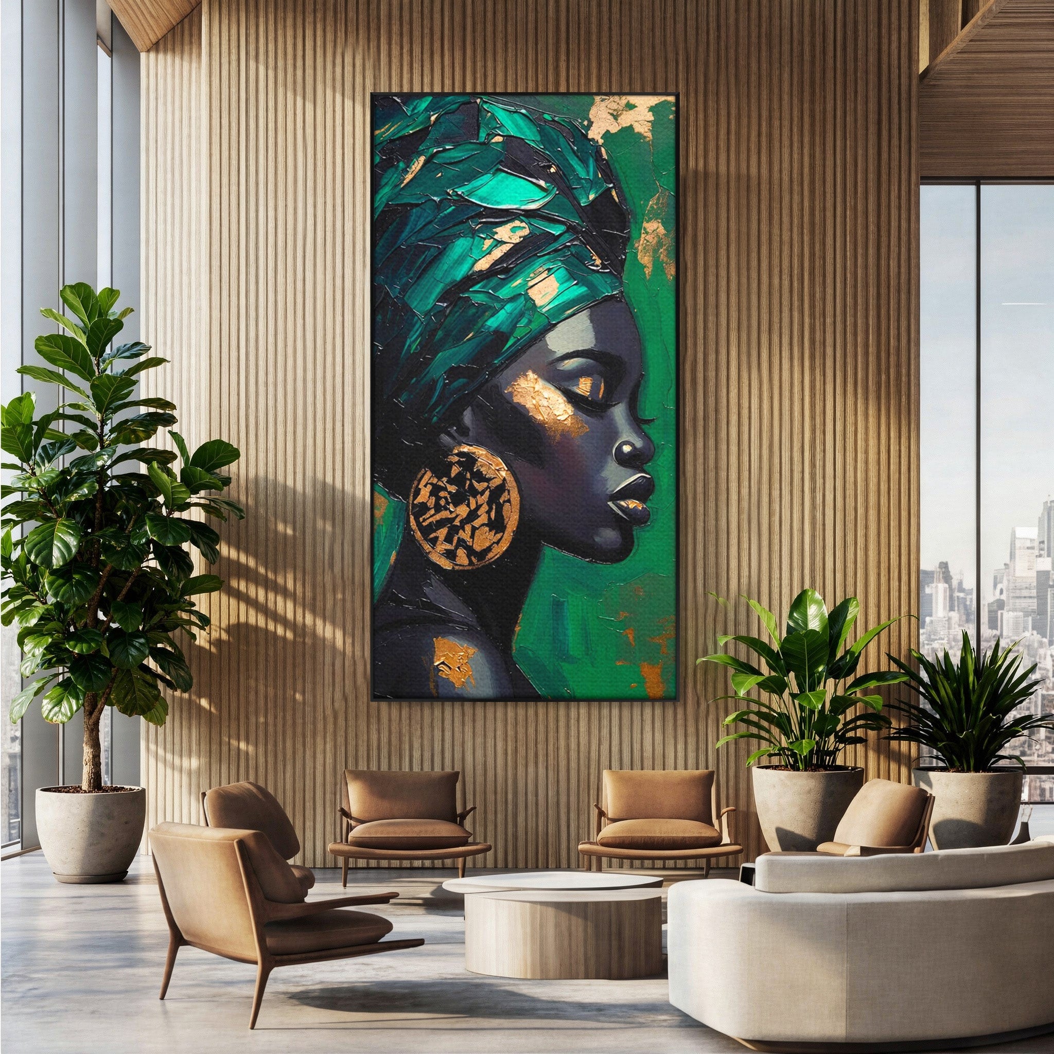 Tablou Canvas Premium LuxCanva® PI1323, Eleganta Verde, Turban, Femeie, African, Cercei, Eleganta, Arta, Culori Vibrante, Living, Dormitor