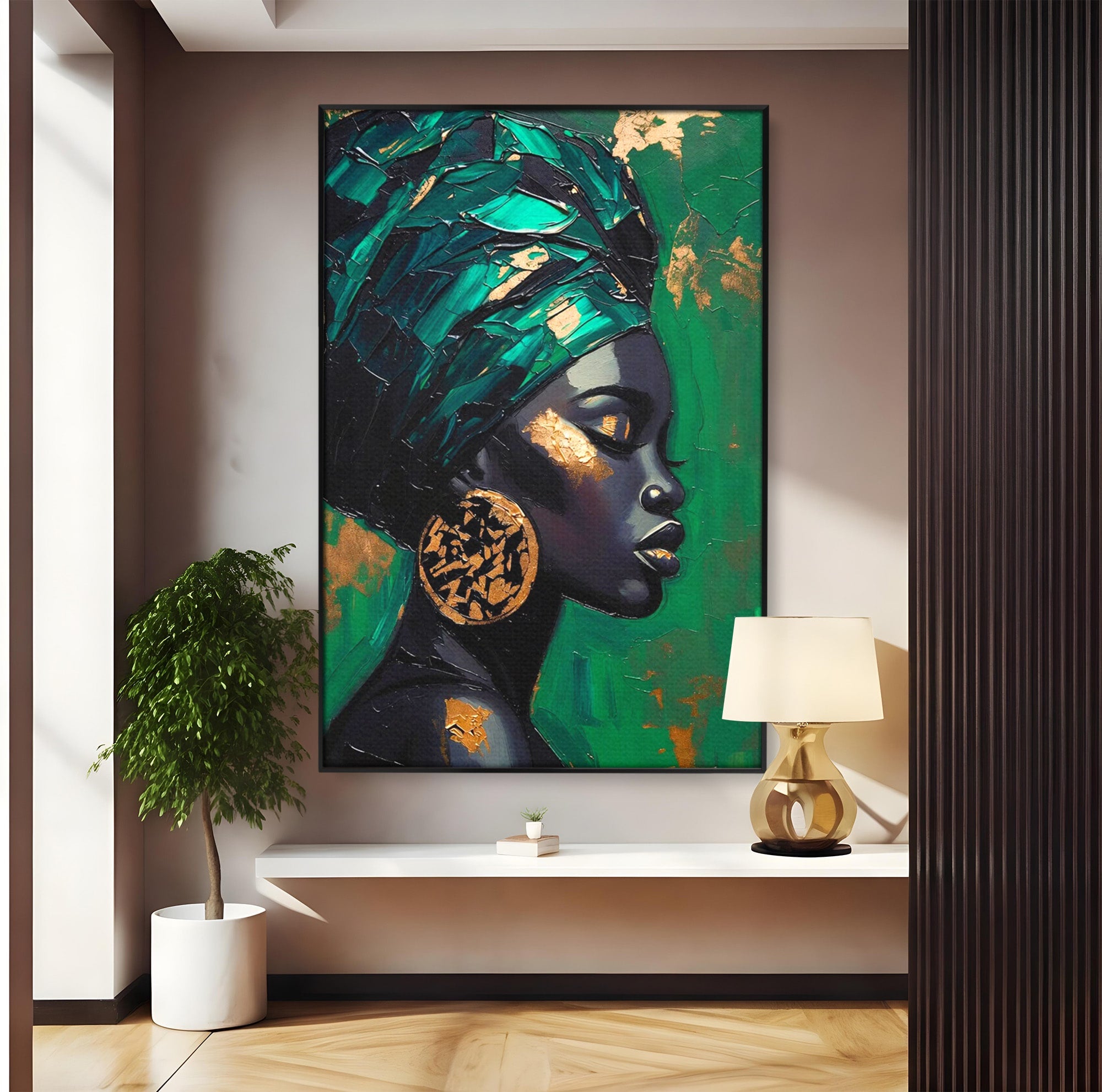 Tablou Canvas Premium LuxCanva® PI1323, Eleganta Verde, Turban, Femeie, African, Cercei, Eleganta, Arta, Culori Vibrante, Living, Dormitor