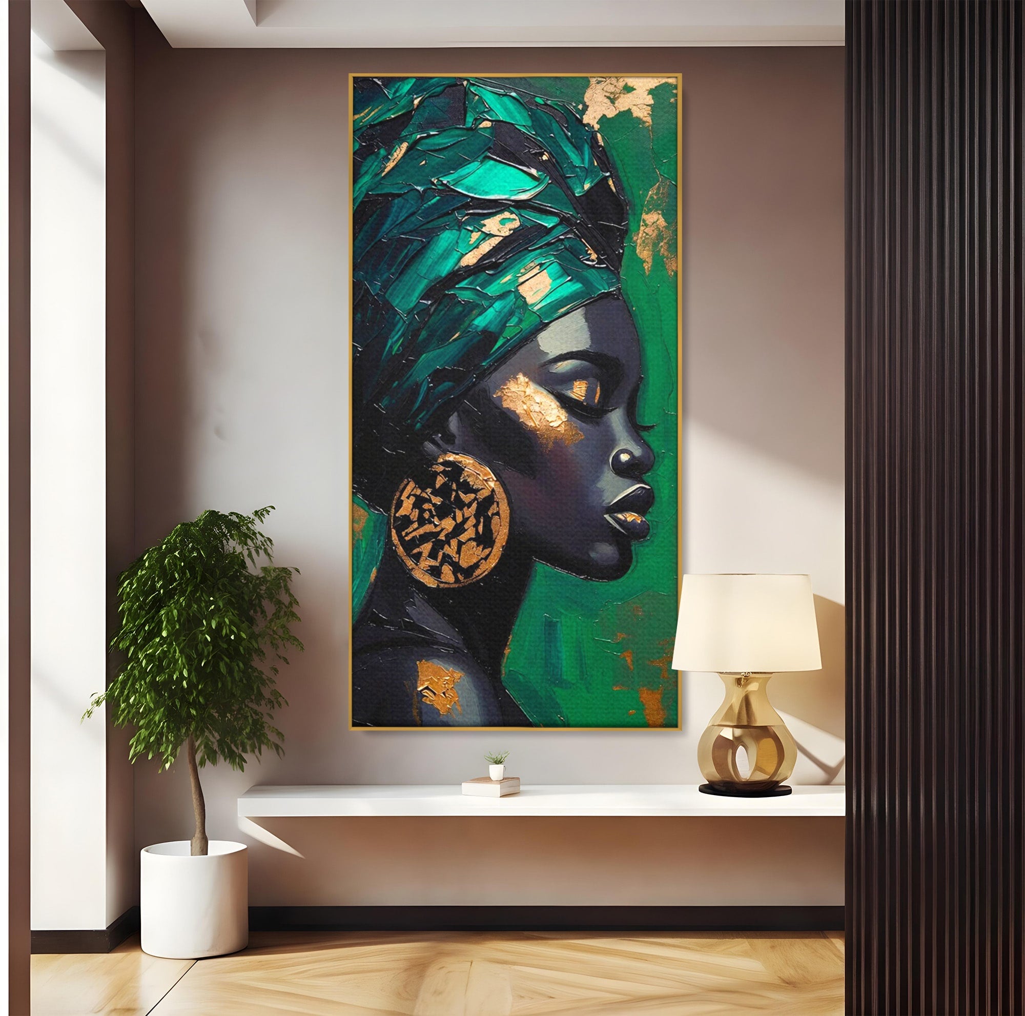 Tablou Canvas Premium LuxCanva® PI1323, Eleganta Verde, Turban, Femeie, African, Cercei, Eleganta, Arta, Culori Vibrante, Living, Dormitor