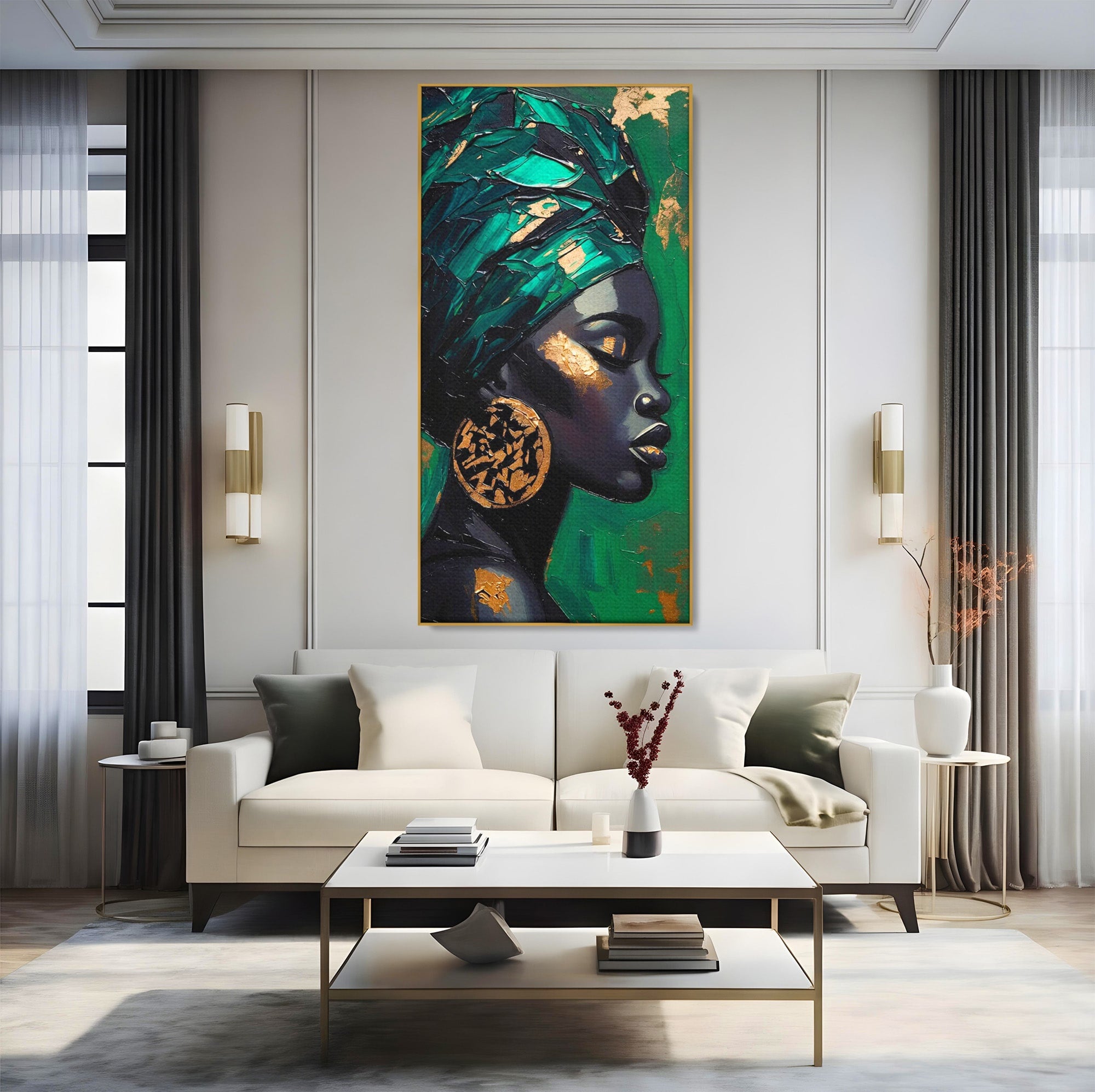 Tablou Canvas Premium LuxCanva® PI1323, Eleganta Verde, Turban, Femeie, African, Cercei, Eleganta, Arta, Culori Vibrante, Living, Dormitor