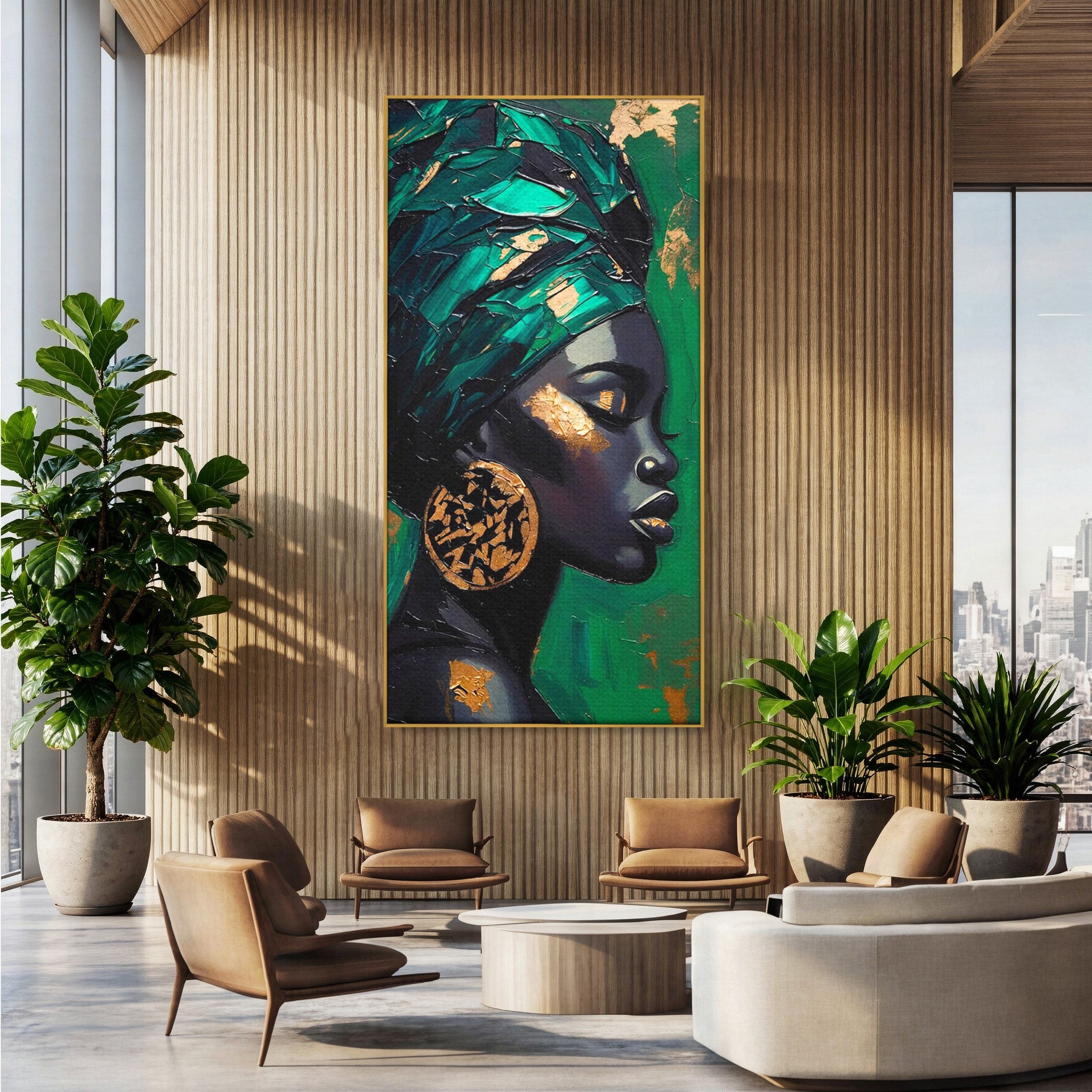 Tablou Canvas Premium LuxCanva® PI1323, Eleganta Verde, Turban, Femeie, African, Cercei, Eleganta, Arta, Culori Vibrante, Living, Dormitor