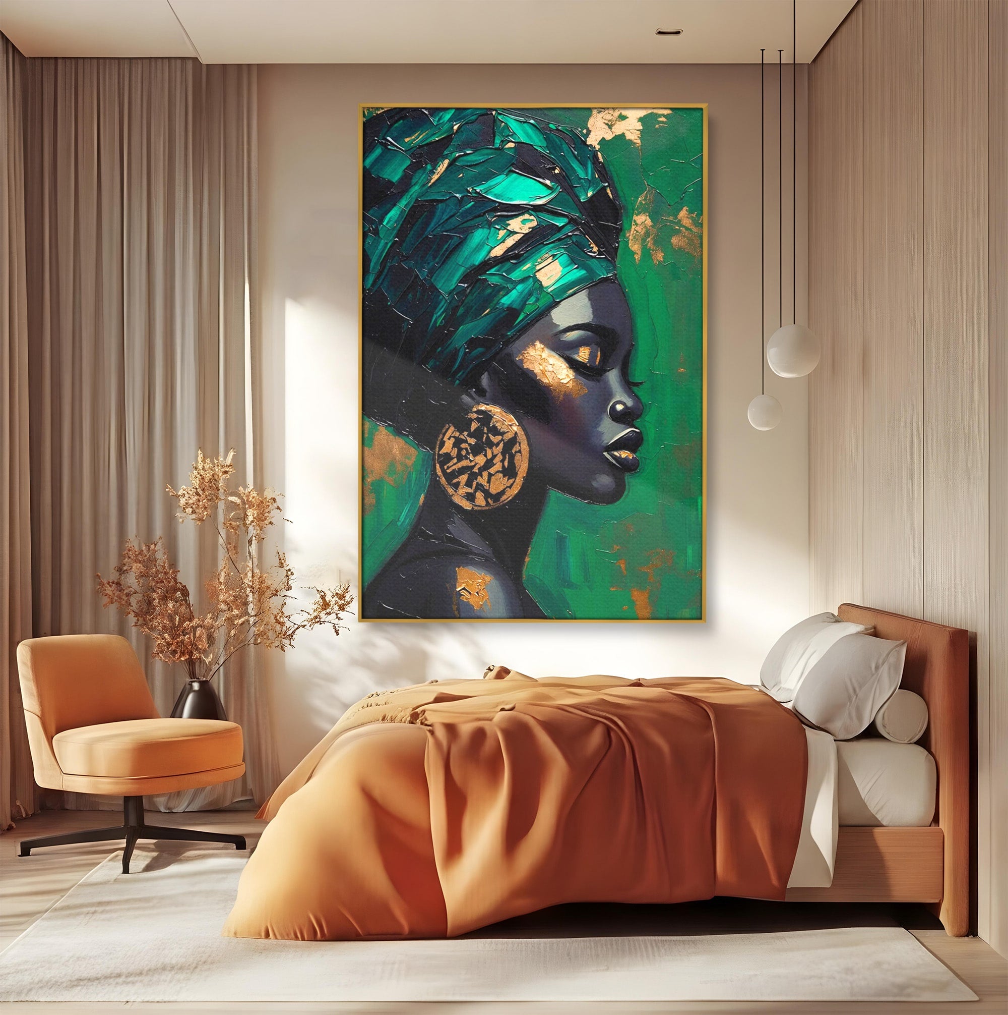Tablou Canvas Premium LuxCanva® PI1323, Eleganta Verde, Turban, Femeie, African, Cercei, Eleganta, Arta, Culori Vibrante, Living, Dormitor