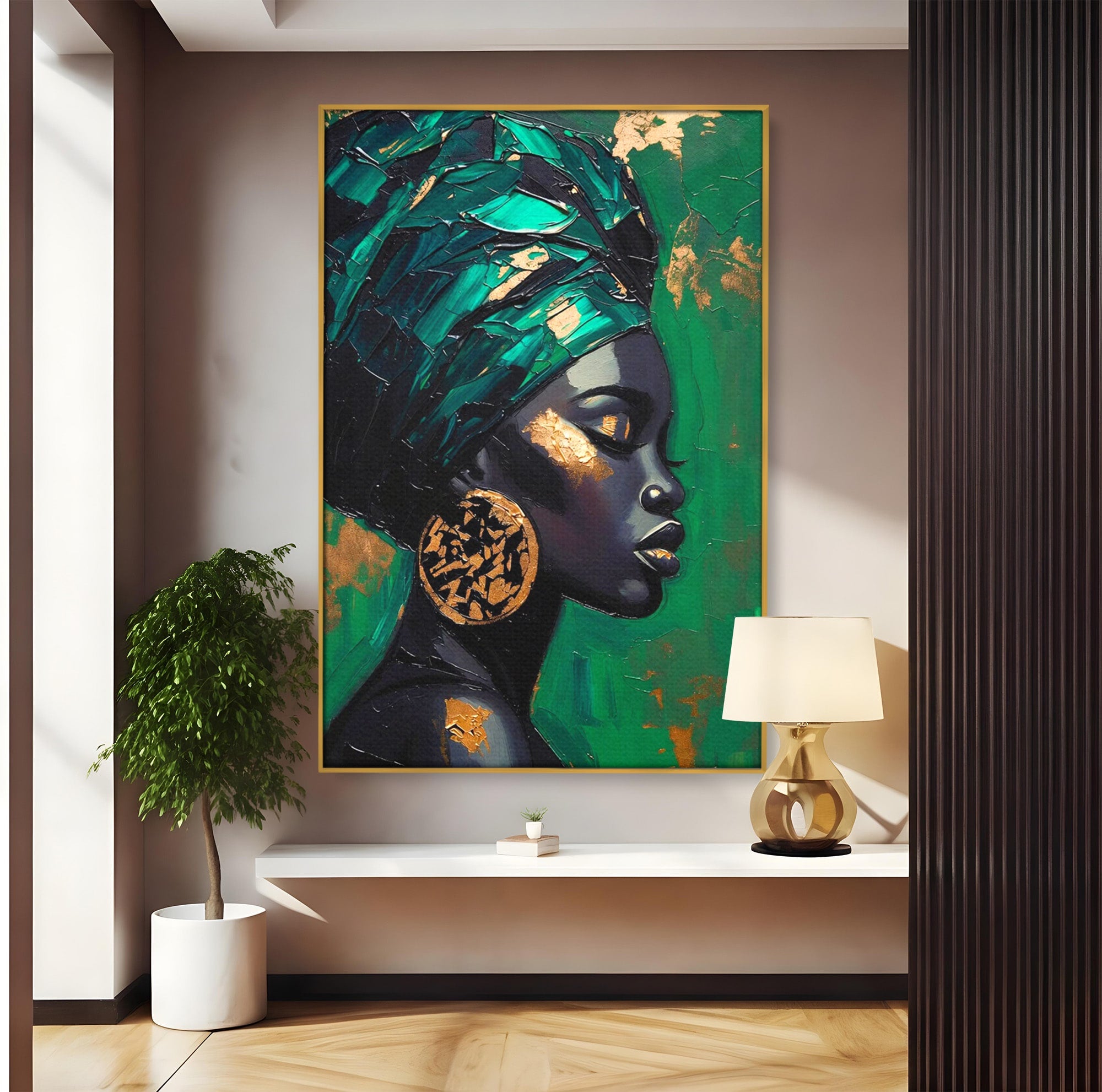 Tablou Canvas Premium LuxCanva® PI1323, Eleganta Verde, Turban, Femeie, African, Cercei, Eleganta, Arta, Culori Vibrante, Living, Dormitor