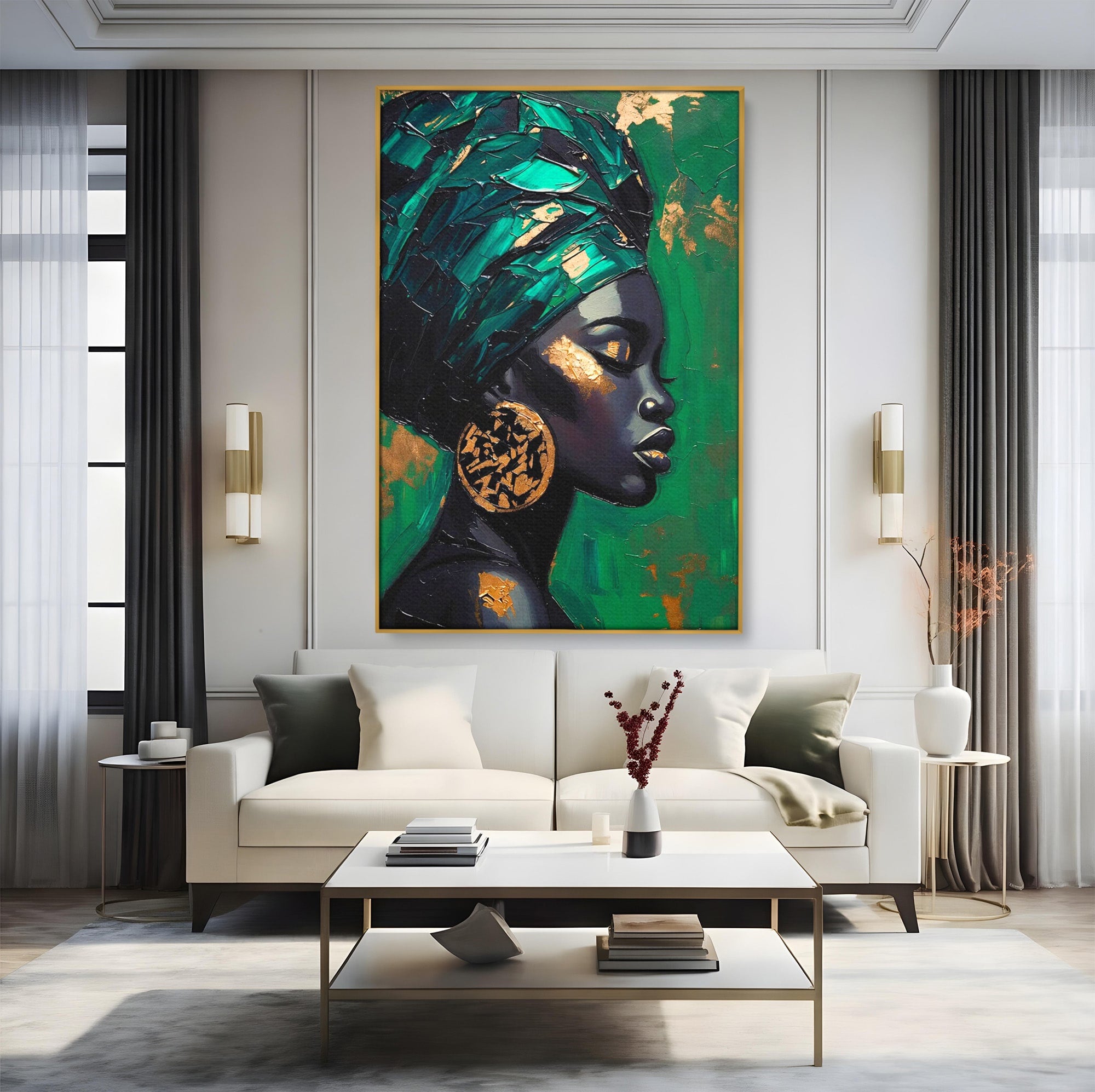 Tablou Canvas Premium LuxCanva® PI1323, Eleganta Verde, Turban, Femeie, African, Cercei, Eleganta, Arta, Culori Vibrante, Living, Dormitor