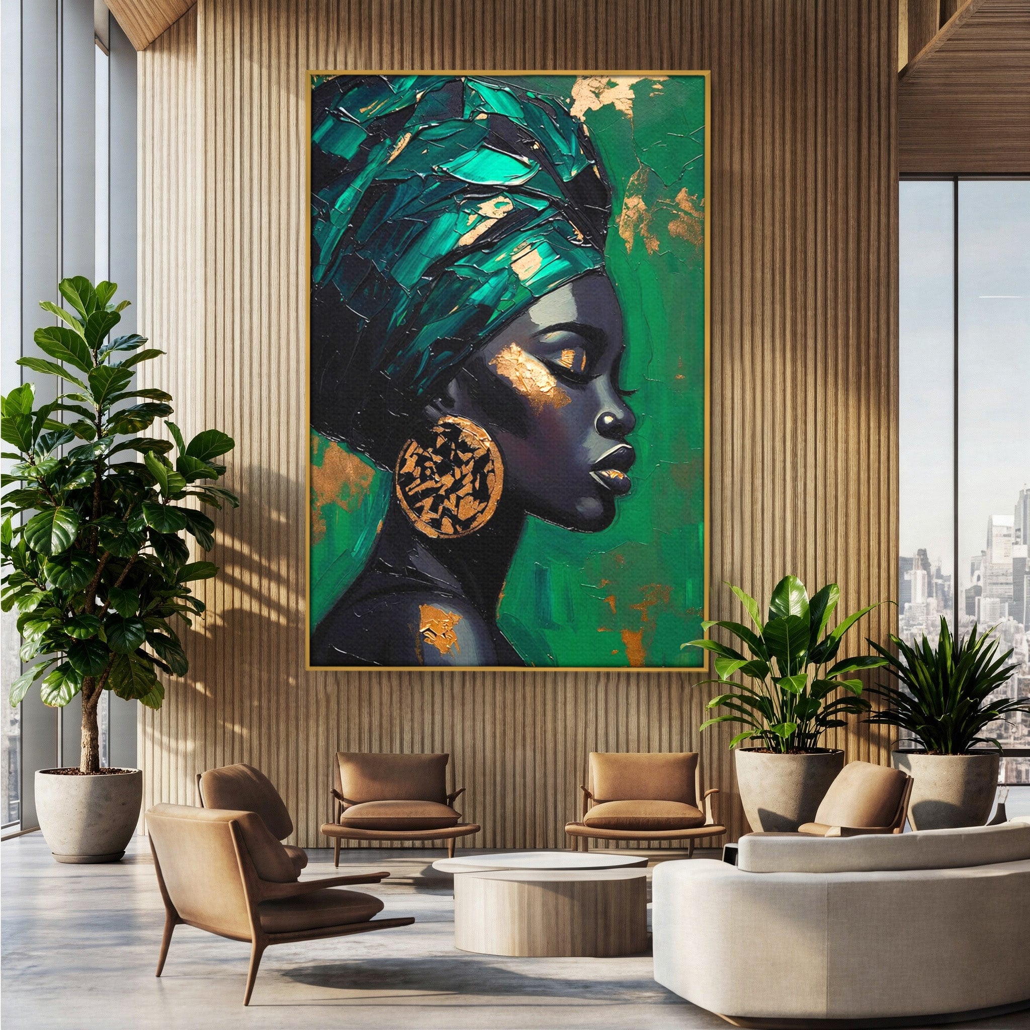 Tablou Canvas Premium LuxCanva® PI1323, Eleganta Verde, Turban, Femeie, African, Cercei, Eleganta, Arta, Culori Vibrante, Living, Dormitor