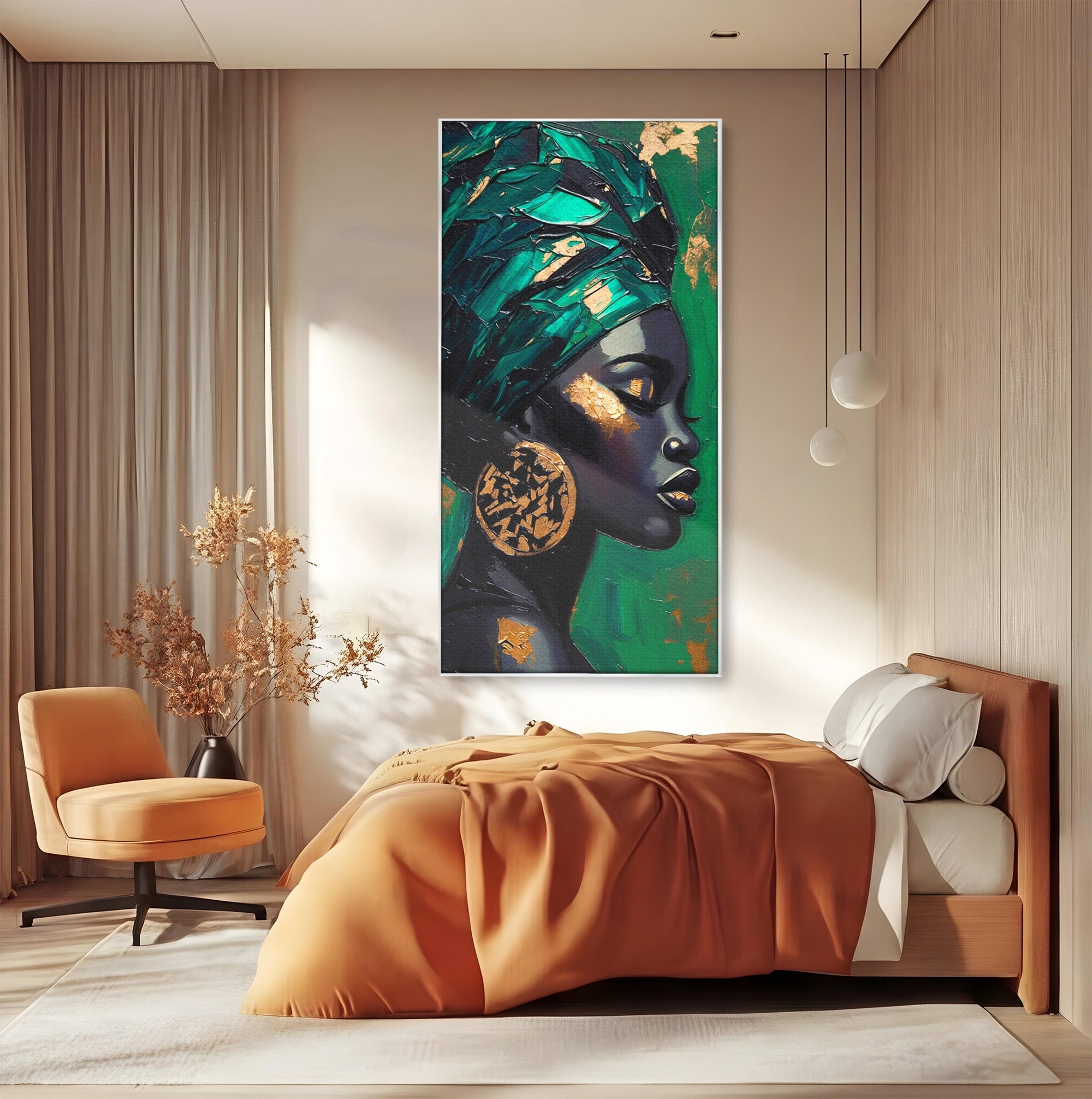 Tablou Canvas Premium LuxCanva® PI1323, Eleganta Verde, Turban, Femeie, African, Cercei, Eleganta, Arta, Culori Vibrante, Living, Dormitor