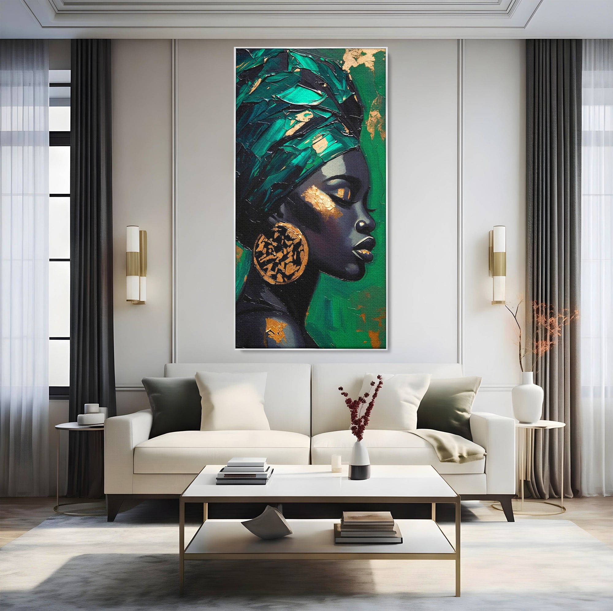 Tablou Canvas Premium LuxCanva® PI1323, Eleganta Verde, Turban, Femeie, African, Cercei, Eleganta, Arta, Culori Vibrante, Living, Dormitor