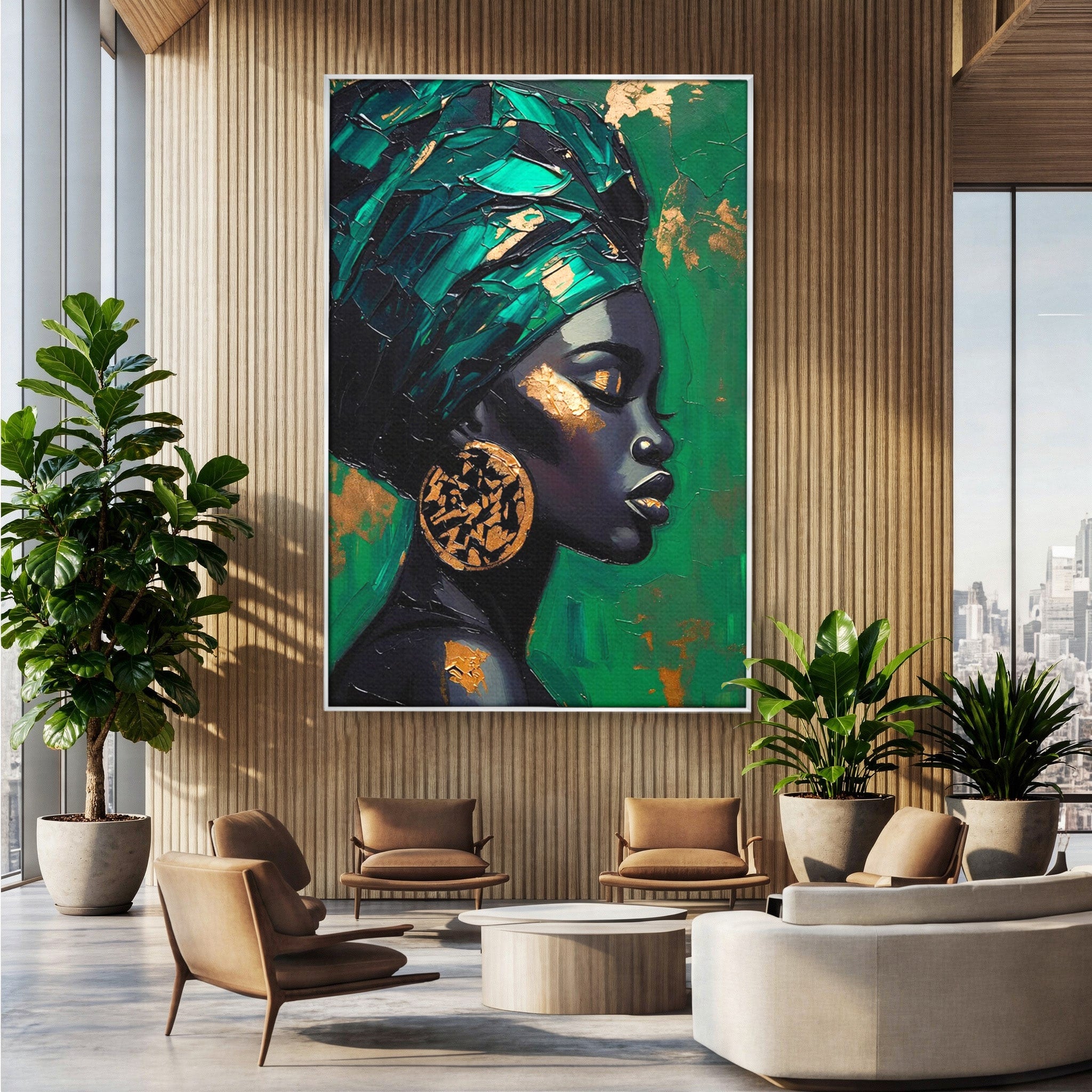 Tablou Canvas Premium LuxCanva® PI1323, Eleganta Verde, Turban, Femeie, African, Cercei, Eleganta, Arta, Culori Vibrante, Living, Dormitor