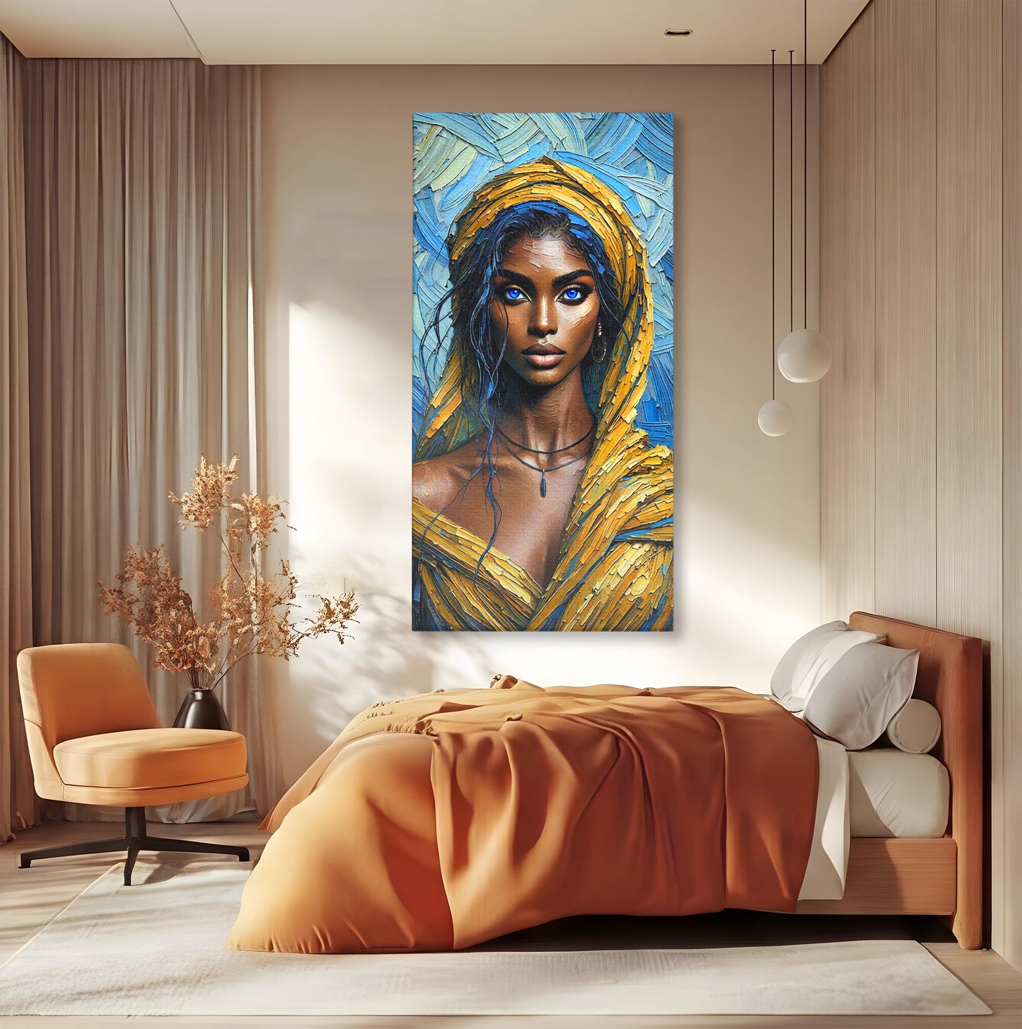 Tablou Canvas Premium LuxCanva® PI1324, Enigma Ochilor Albastri, Portret, Femeie, Arta, Modern, Culori Vibrante, Living, Dormitor