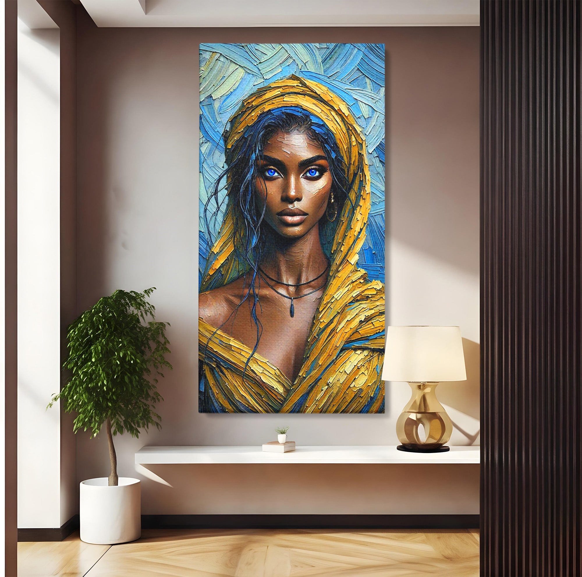 Tablou Canvas Premium LuxCanva® PI1324, Enigma Ochilor Albastri, Portret, Femeie, Arta, Modern, Culori Vibrante, Living, Dormitor