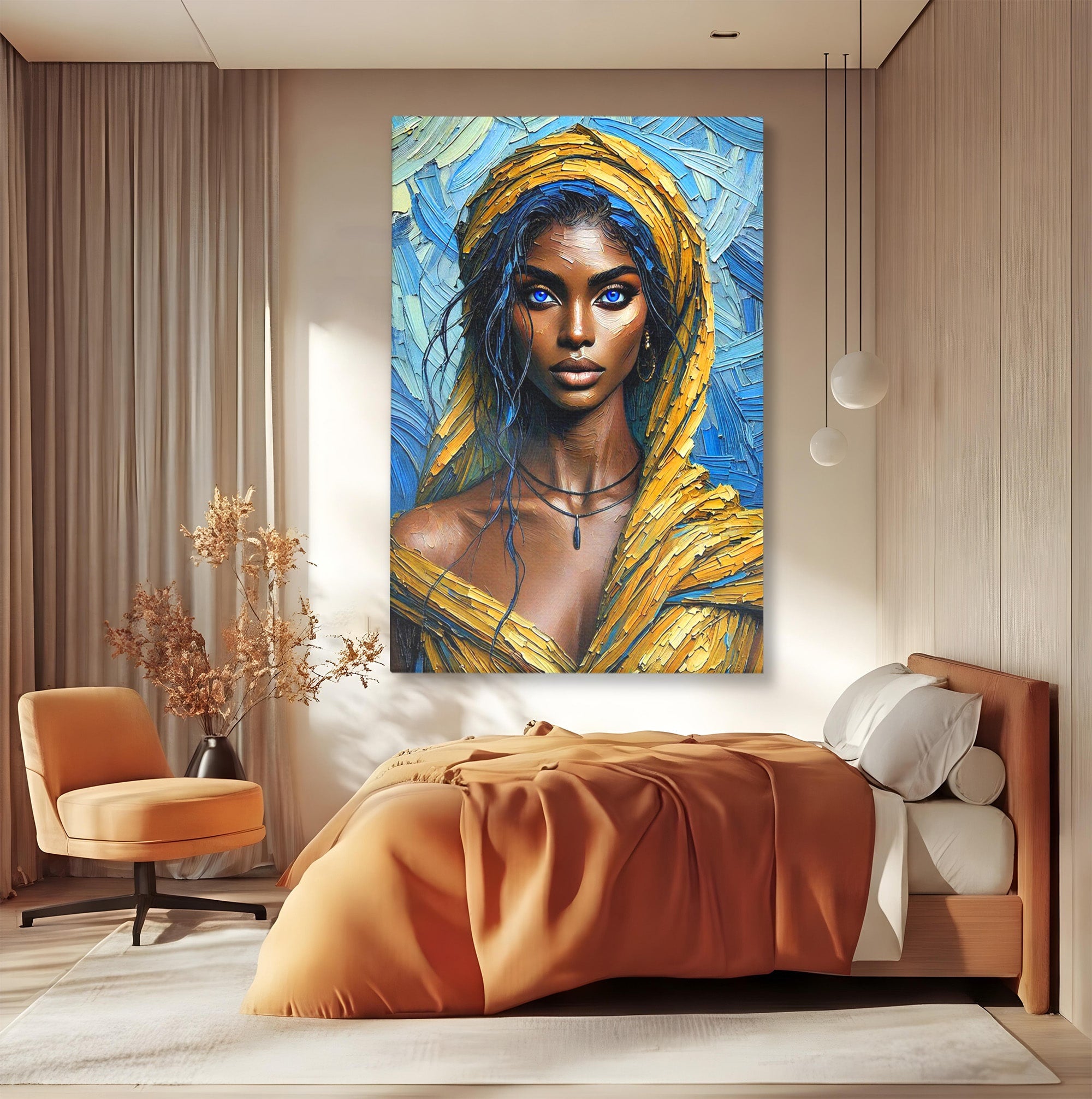 Tablou Canvas Premium LuxCanva® PI1324, Enigma Ochilor Albastri, Portret, Femeie, Arta, Modern, Culori Vibrante, Living, Dormitor