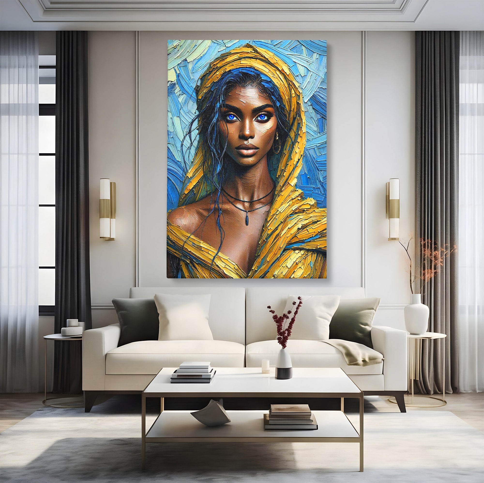 Tablou Canvas Premium LuxCanva® PI1324, Enigma Ochilor Albastri, Portret, Femeie, Arta, Modern, Culori Vibrante, Living, Dormitor