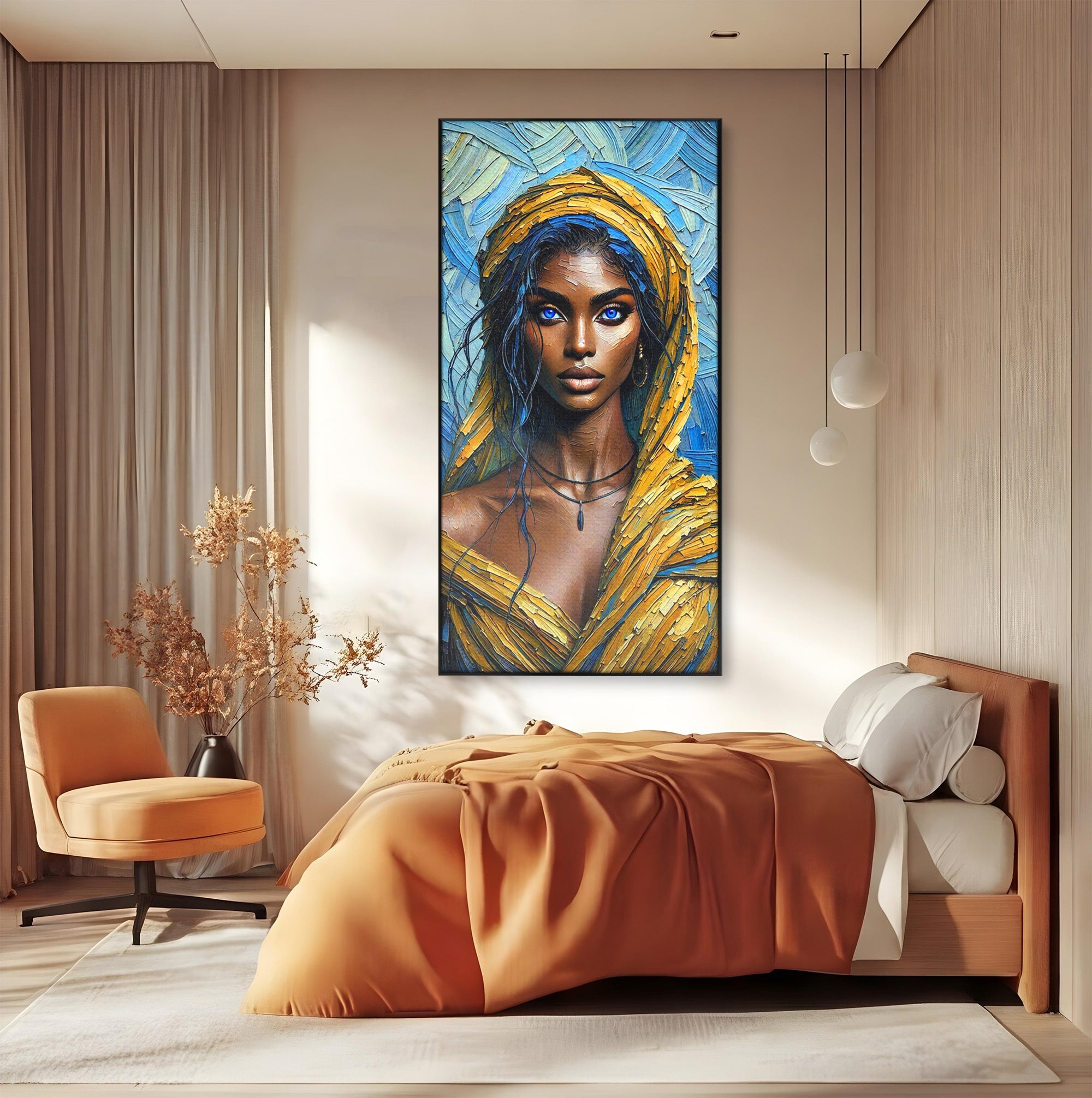 Tablou Canvas Premium LuxCanva® PI1324, Enigma Ochilor Albastri, Portret, Femeie, Arta, Modern, Culori Vibrante, Living, Dormitor