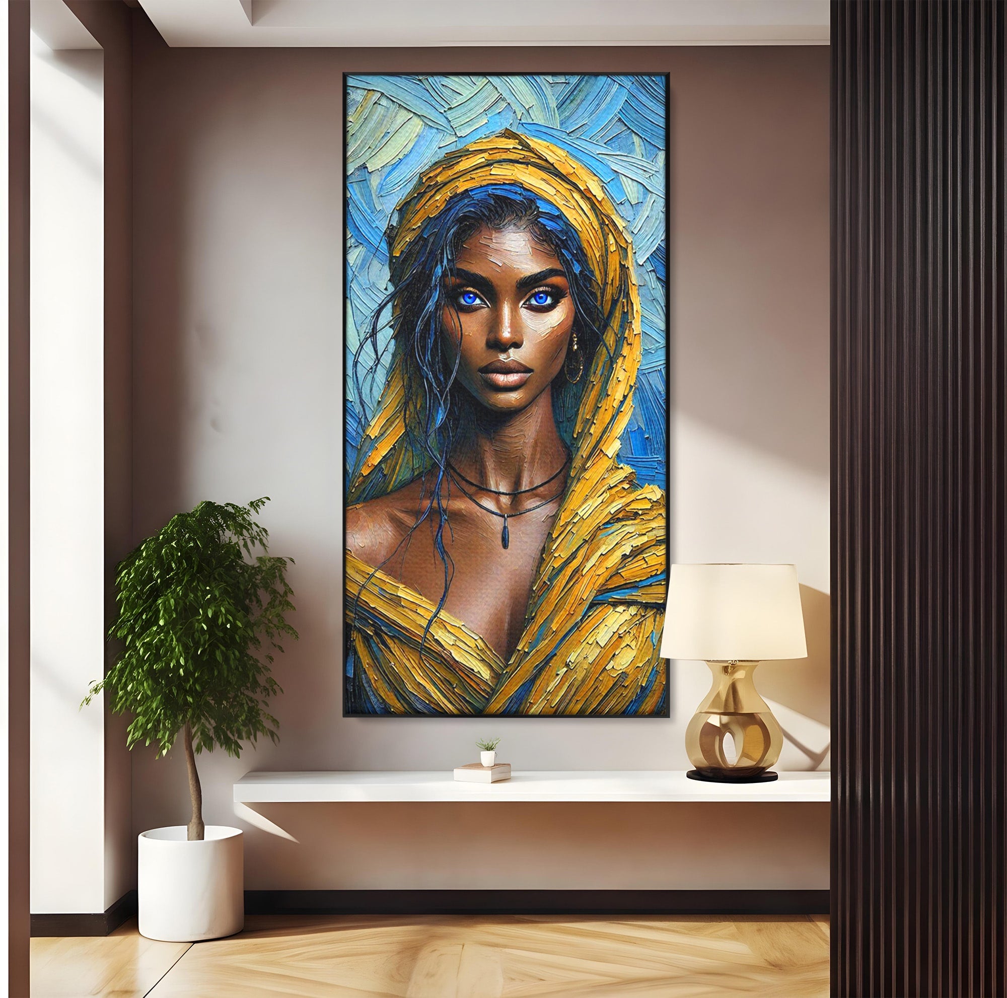 Tablou Canvas Premium LuxCanva® PI1324, Enigma Ochilor Albastri, Portret, Femeie, Arta, Modern, Culori Vibrante, Living, Dormitor