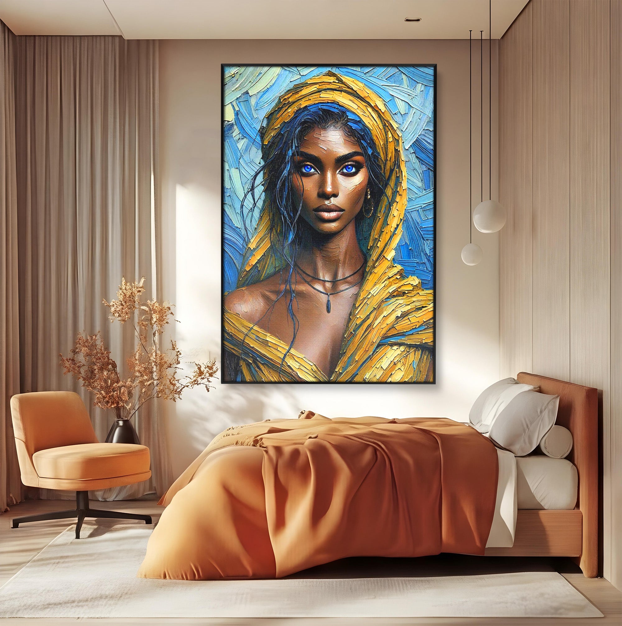 Tablou Canvas Premium LuxCanva® PI1324, Enigma Ochilor Albastri, Portret, Femeie, Arta, Modern, Culori Vibrante, Living, Dormitor