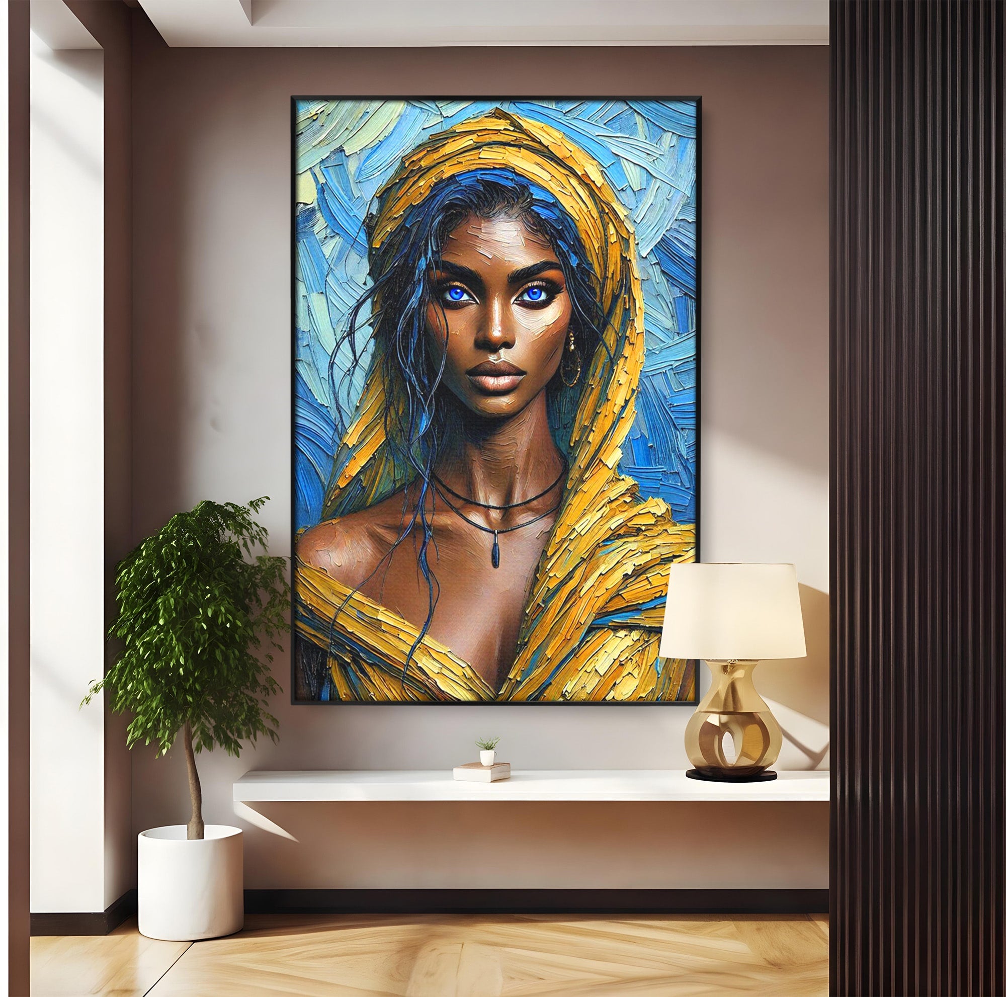 Tablou Canvas Premium LuxCanva® PI1324, Enigma Ochilor Albastri, Portret, Femeie, Arta, Modern, Culori Vibrante, Living, Dormitor