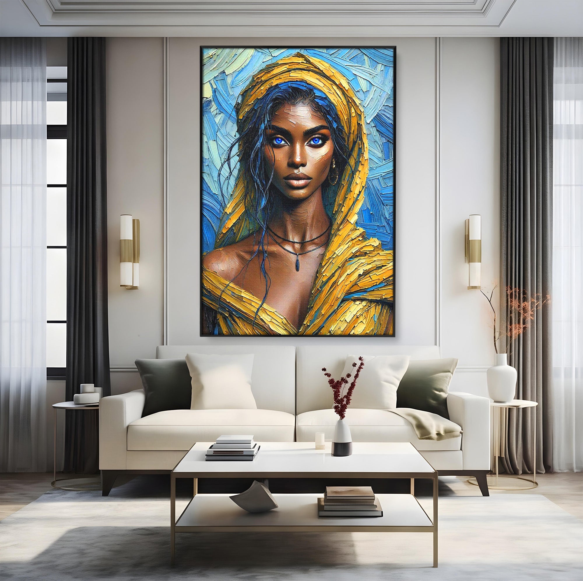 Tablou Canvas Premium LuxCanva® PI1324, Enigma Ochilor Albastri, Portret, Femeie, Arta, Modern, Culori Vibrante, Living, Dormitor