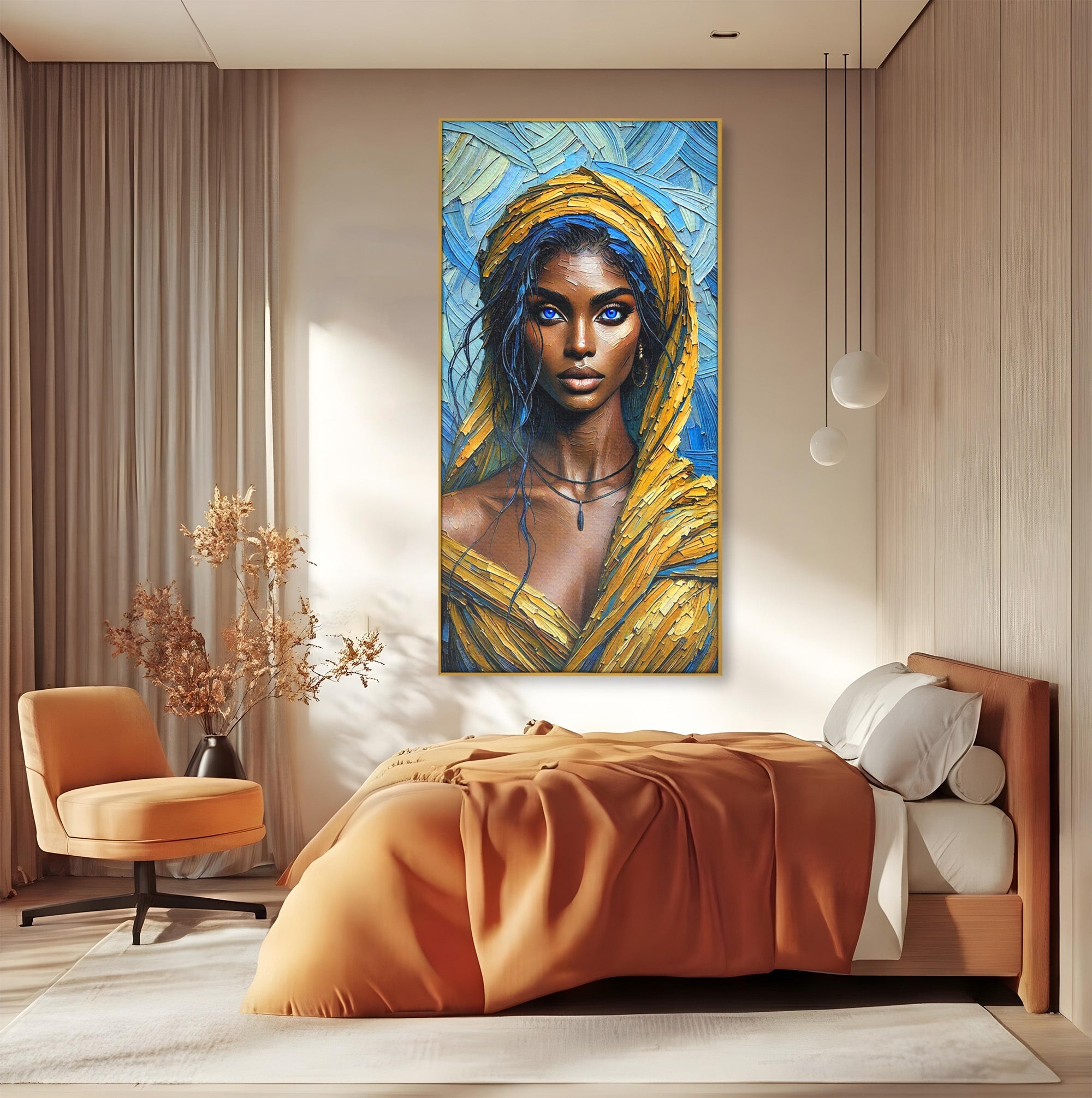 Tablou Canvas Premium LuxCanva® PI1324, Enigma Ochilor Albastri, Portret, Femeie, Arta, Modern, Culori Vibrante, Living, Dormitor