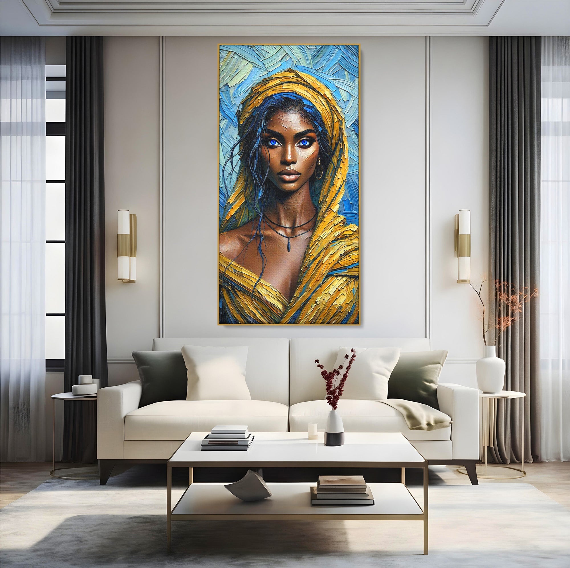 Tablou Canvas Premium LuxCanva® PI1324, Enigma Ochilor Albastri, Portret, Femeie, Arta, Modern, Culori Vibrante, Living, Dormitor