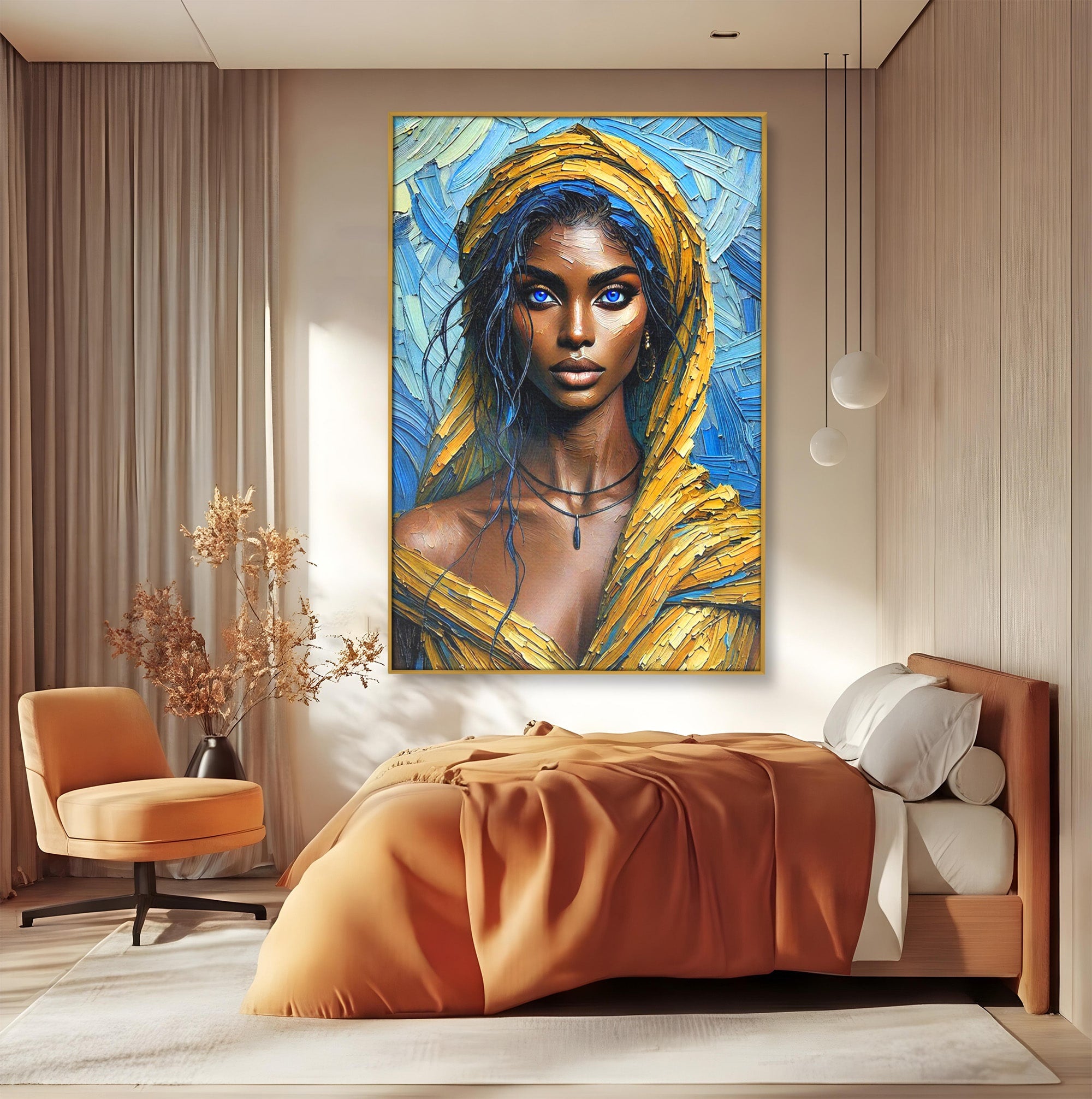 Tablou Canvas Premium LuxCanva® PI1324, Enigma Ochilor Albastri, Portret, Femeie, Arta, Modern, Culori Vibrante, Living, Dormitor