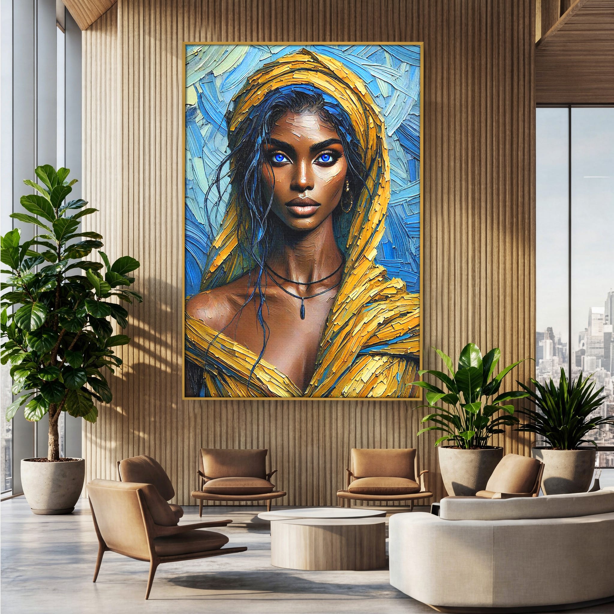 Tablou Canvas Premium LuxCanva® PI1324, Enigma Ochilor Albastri, Portret, Femeie, Arta, Modern, Culori Vibrante, Living, Dormitor
