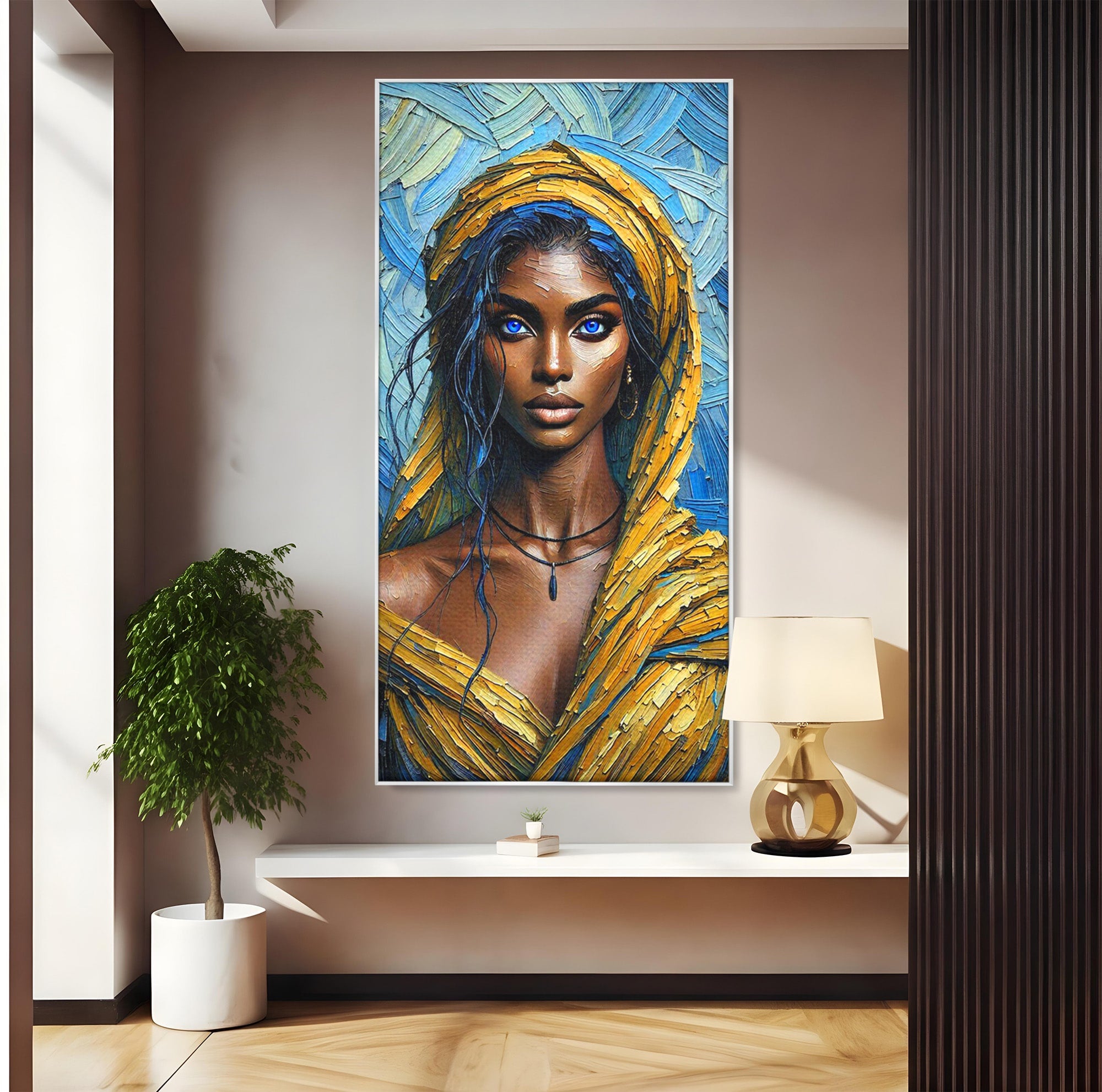 Tablou Canvas Premium LuxCanva® PI1324, Enigma Ochilor Albastri, Portret, Femeie, Arta, Modern, Culori Vibrante, Living, Dormitor