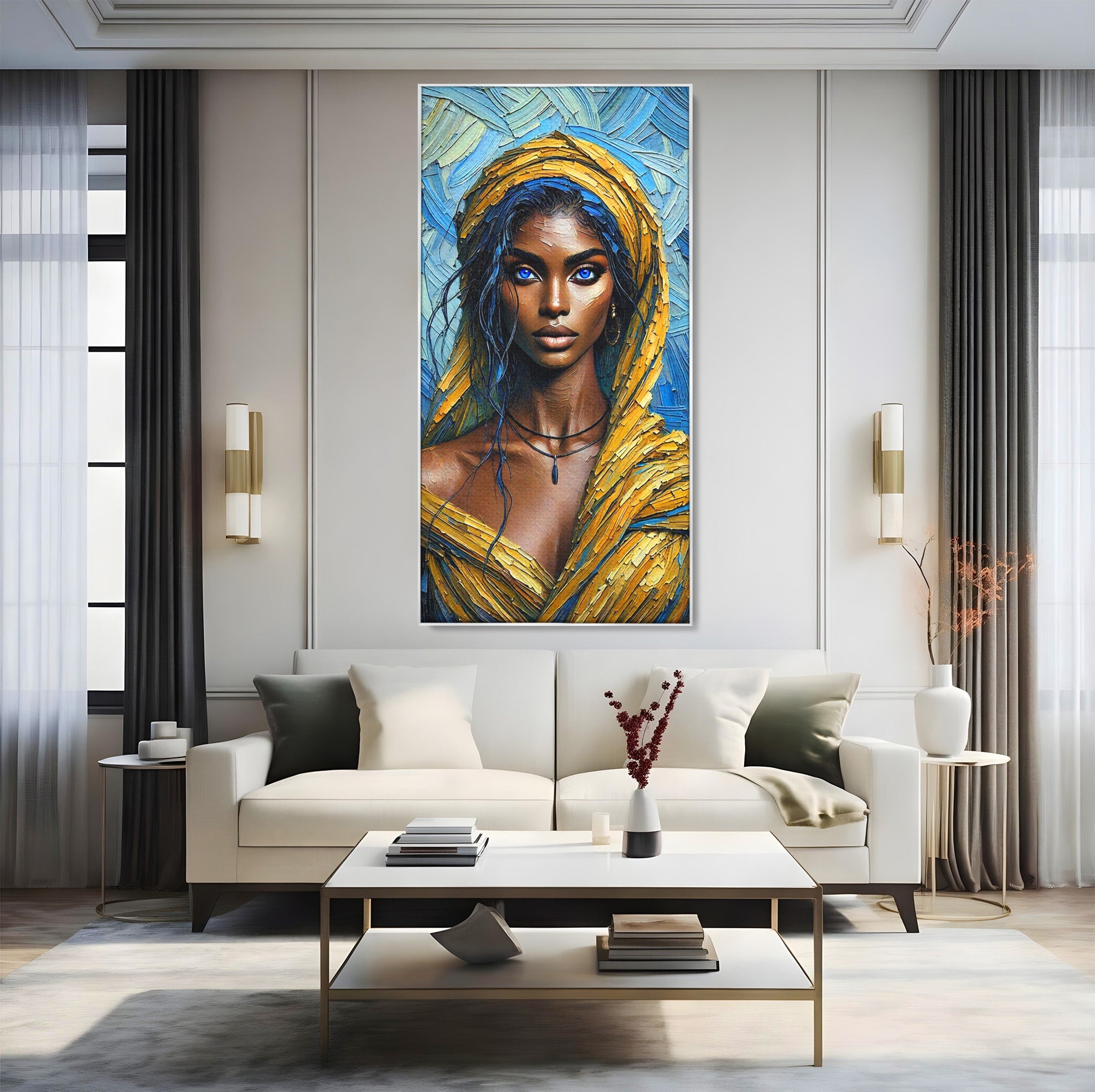 Tablou Canvas Premium LuxCanva® PI1324, Enigma Ochilor Albastri, Portret, Femeie, Arta, Modern, Culori Vibrante, Living, Dormitor