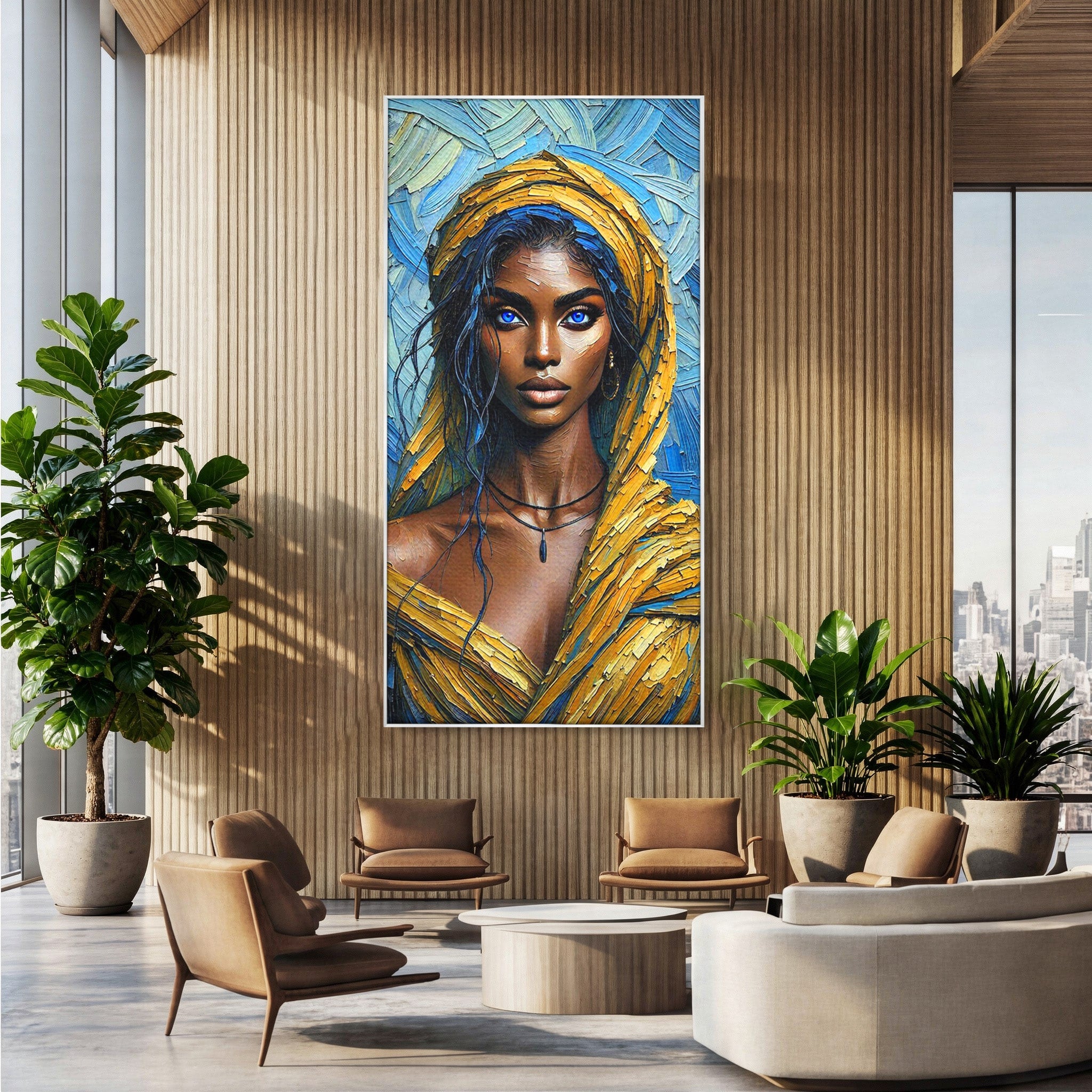 Tablou Canvas Premium LuxCanva® PI1324, Enigma Ochilor Albastri, Portret, Femeie, Arta, Modern, Culori Vibrante, Living, Dormitor