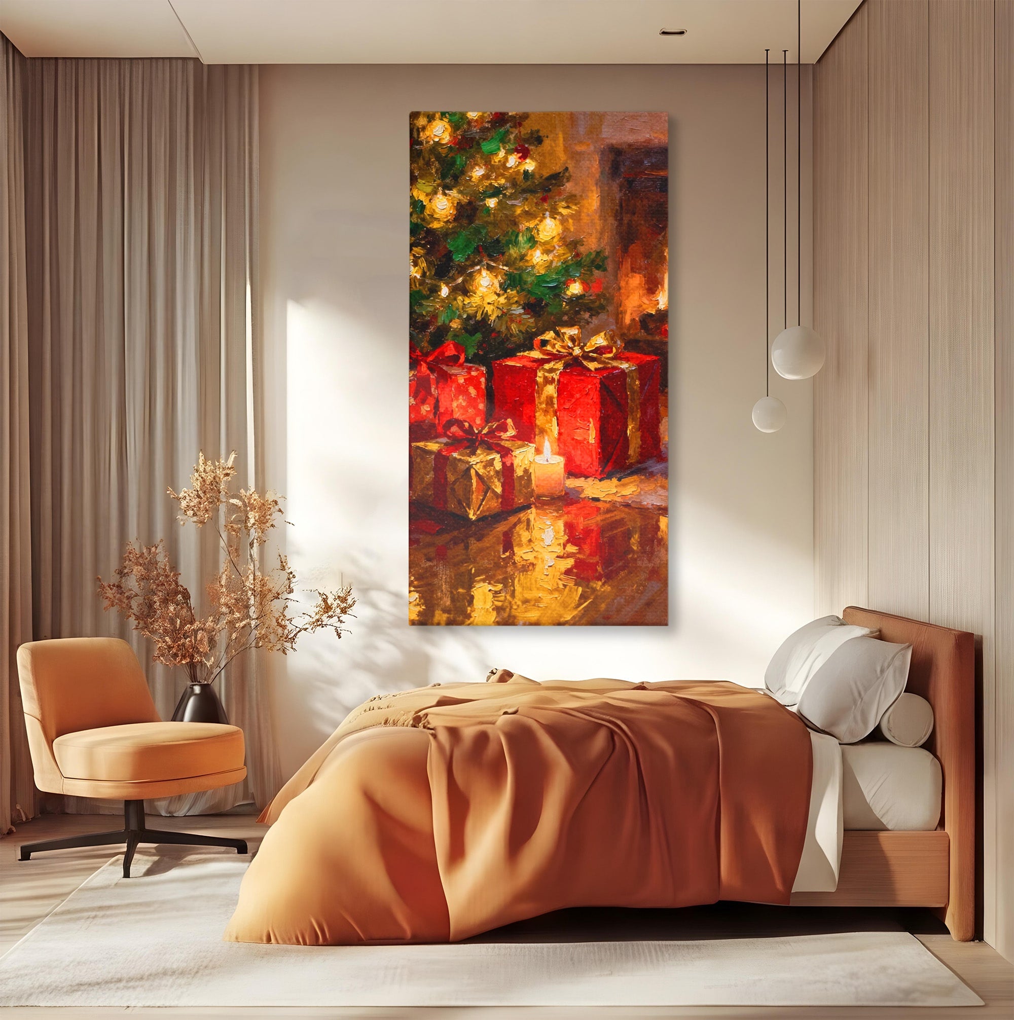 Tablou Canvas Premium LuxCanva® PI1325, Cadouri De Craciun, Lumini, Ajun, Brad, Sarbatori, Culori Vibrante, Living, Dormitor