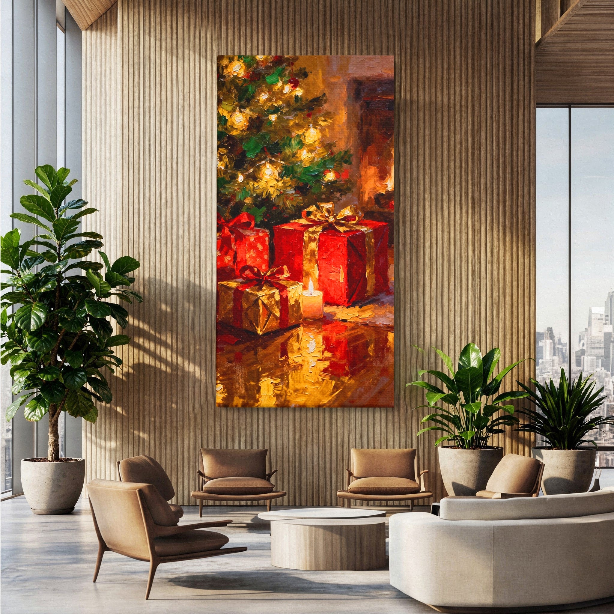 Tablou Canvas Premium LuxCanva® PI1325, Cadouri De Craciun, Lumini, Ajun, Brad, Sarbatori, Culori Vibrante, Living, Dormitor