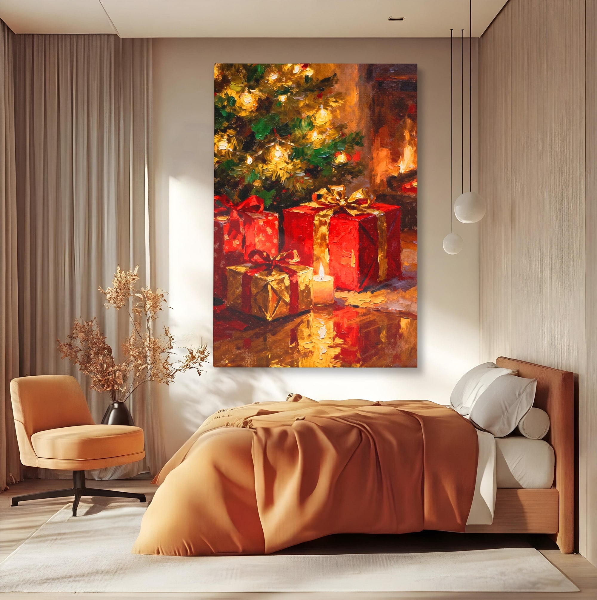 Tablou Canvas Premium LuxCanva® PI1325, Cadouri De Craciun, Lumini, Ajun, Brad, Sarbatori, Culori Vibrante, Living, Dormitor