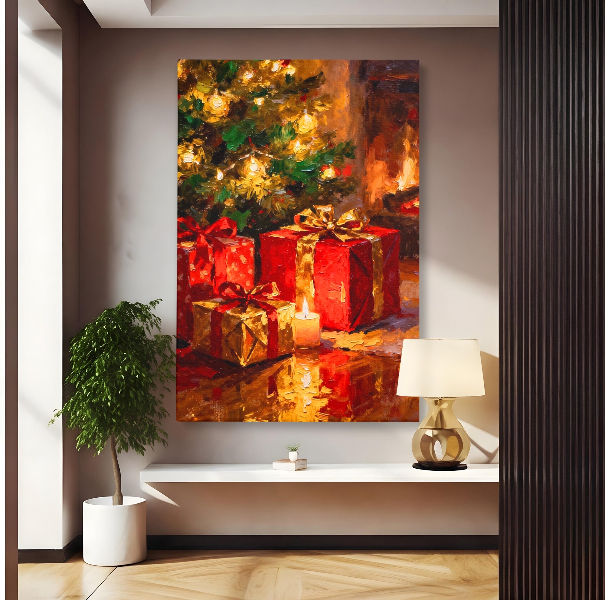 Tablou Canvas Premium LuxCanva® PI1325, Cadouri De Craciun, Lumini, Ajun, Brad, Sarbatori, Culori Vibrante, Living, Dormitor