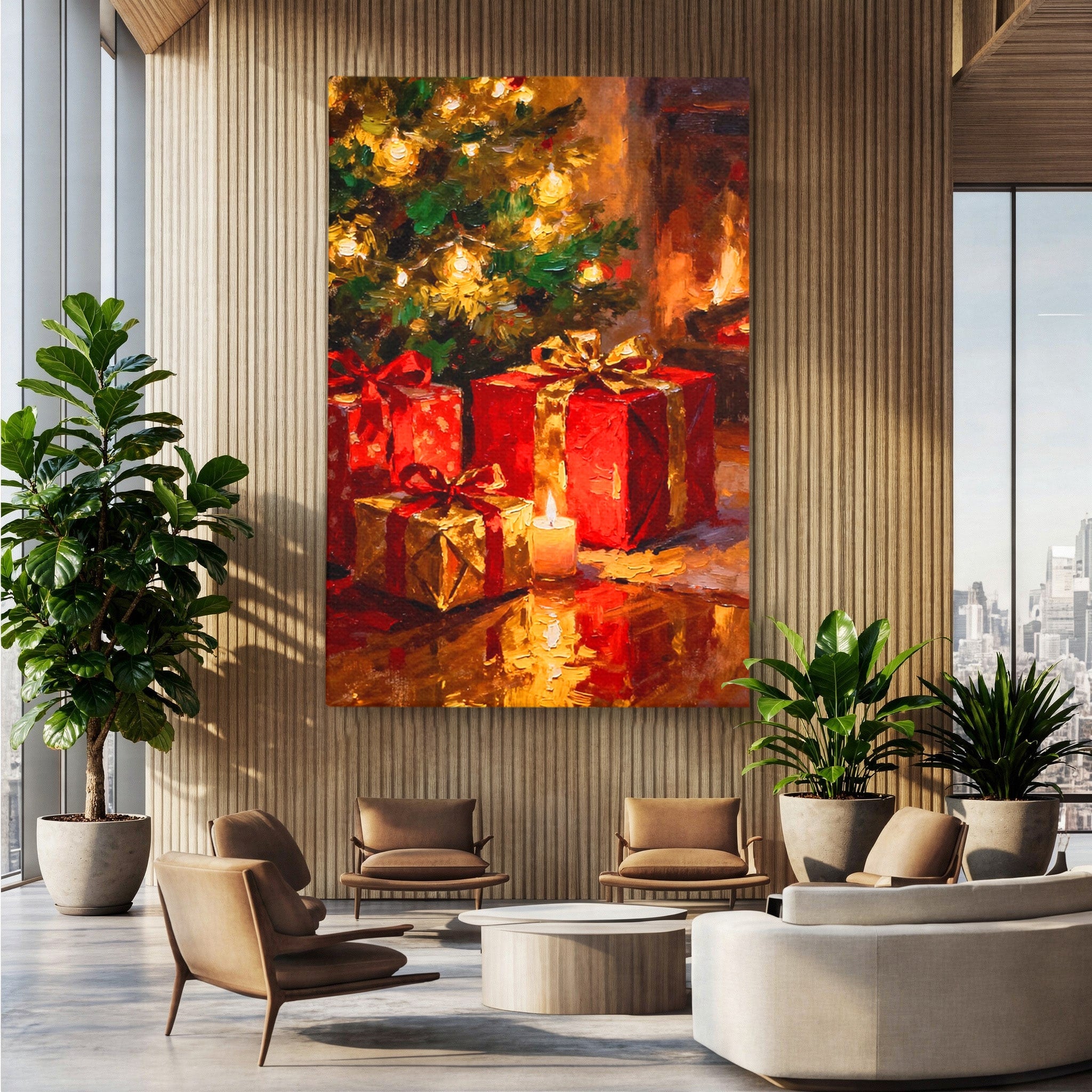 Tablou Canvas Premium LuxCanva® PI1325, Cadouri De Craciun, Lumini, Ajun, Brad, Sarbatori, Culori Vibrante, Living, Dormitor