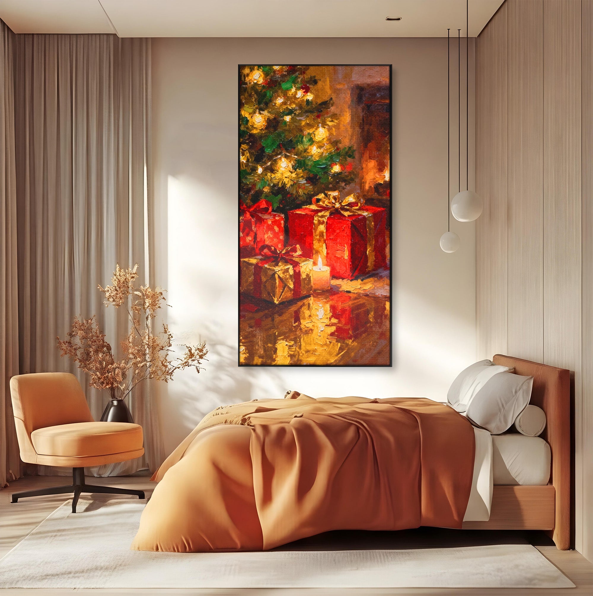 Tablou Canvas Premium LuxCanva® PI1325, Cadouri De Craciun, Lumini, Ajun, Brad, Sarbatori, Culori Vibrante, Living, Dormitor