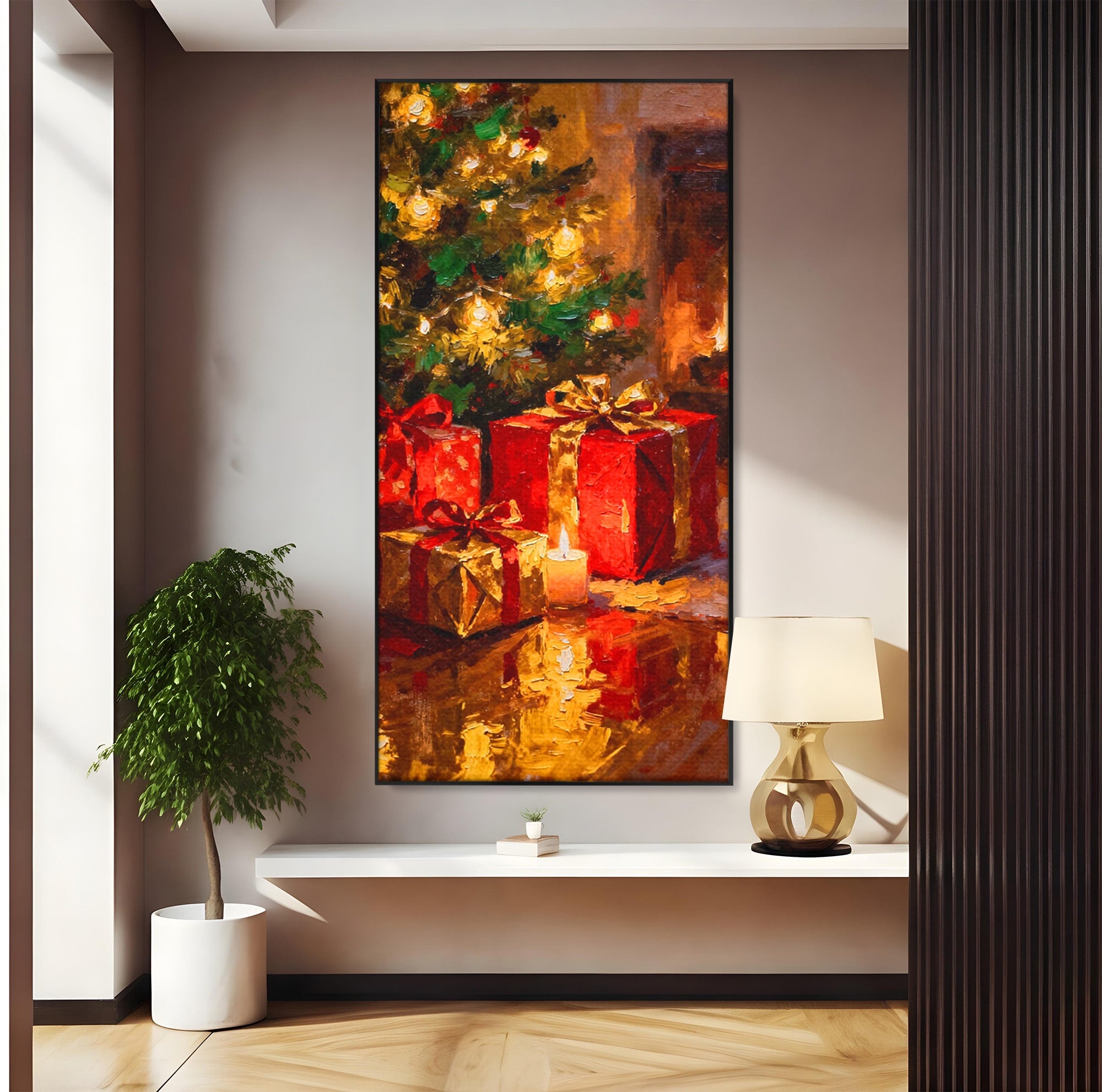 Tablou Canvas Premium LuxCanva® PI1325, Cadouri De Craciun, Lumini, Ajun, Brad, Sarbatori, Culori Vibrante, Living, Dormitor