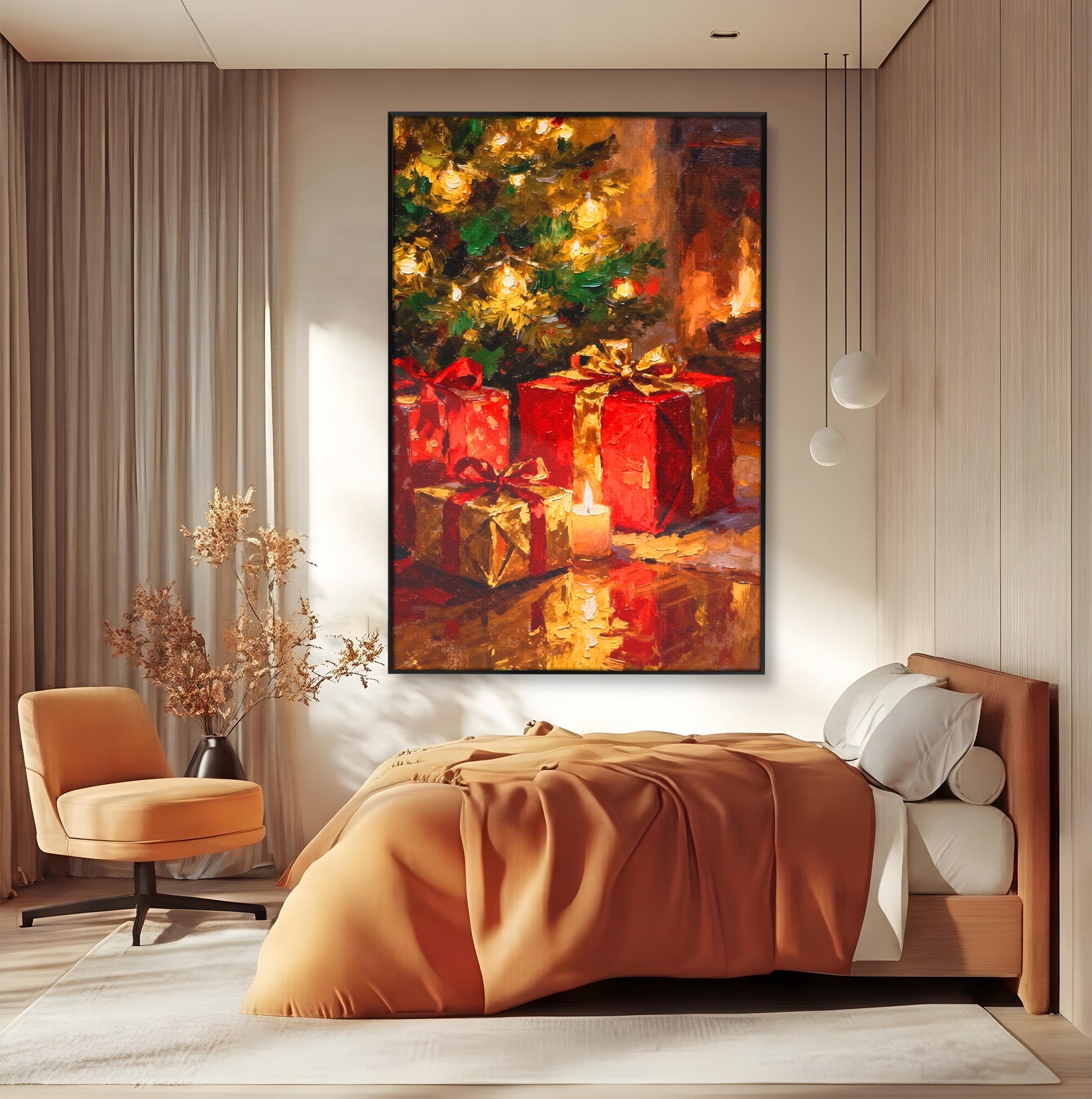 Tablou Canvas Premium LuxCanva® PI1325, Cadouri De Craciun, Lumini, Ajun, Brad, Sarbatori, Culori Vibrante, Living, Dormitor