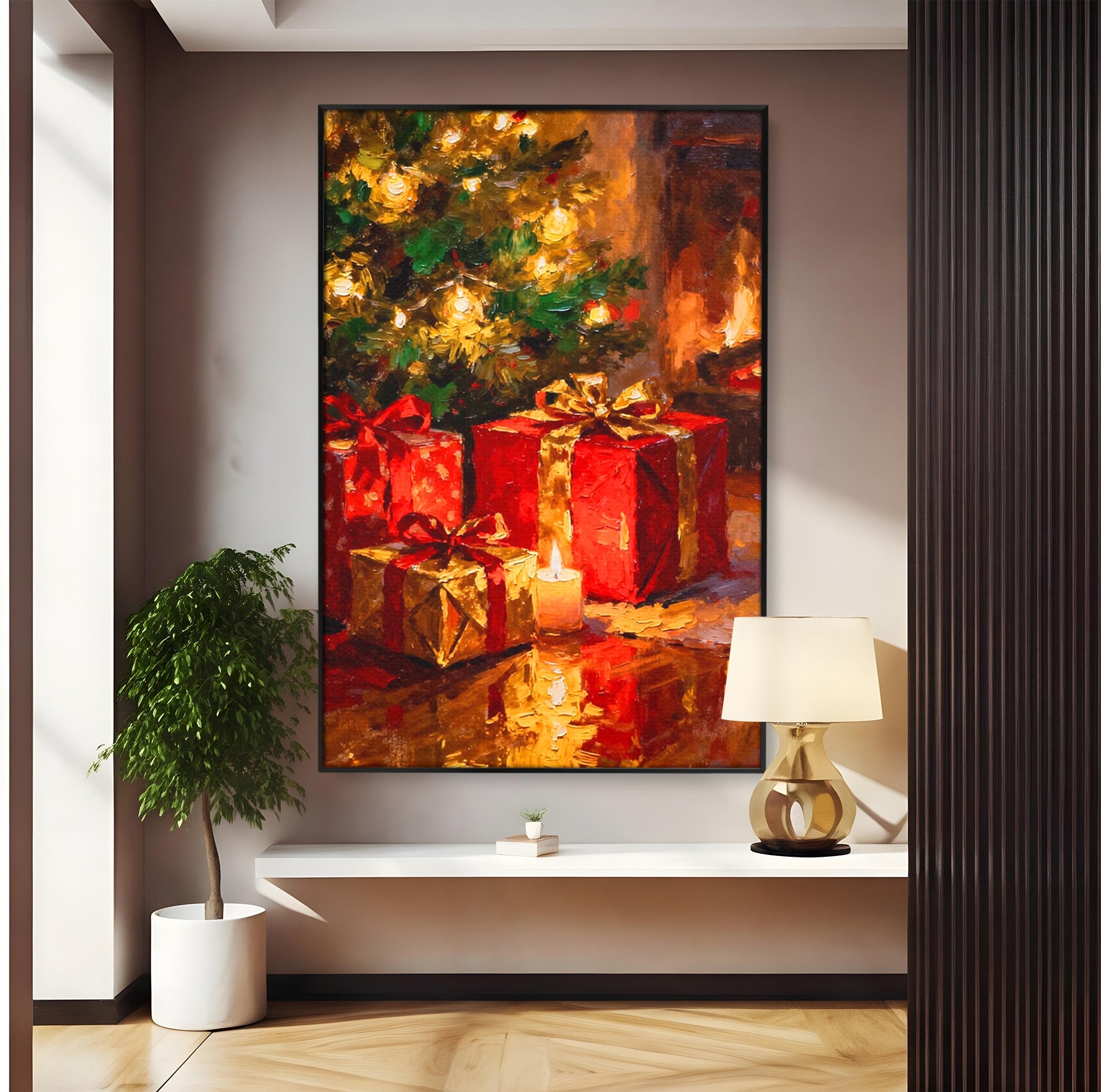 Tablou Canvas Premium LuxCanva® PI1325, Cadouri De Craciun, Lumini, Ajun, Brad, Sarbatori, Culori Vibrante, Living, Dormitor