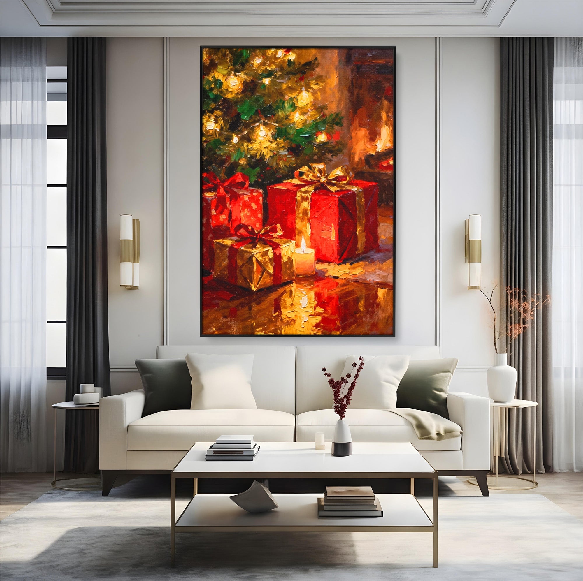 Tablou Canvas Premium LuxCanva® PI1325, Cadouri De Craciun, Lumini, Ajun, Brad, Sarbatori, Culori Vibrante, Living, Dormitor