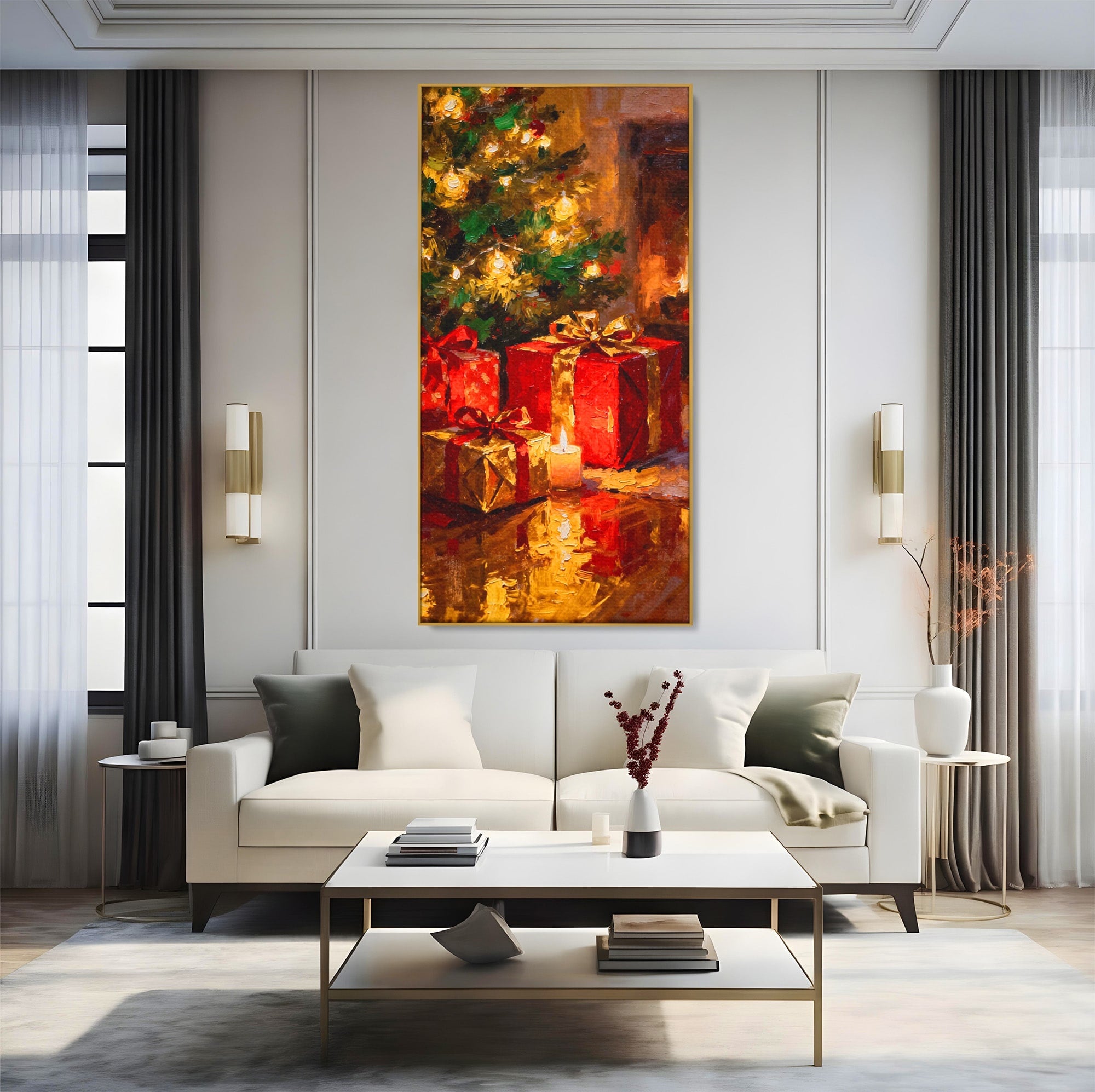 Tablou Canvas Premium LuxCanva® PI1325, Cadouri De Craciun, Lumini, Ajun, Brad, Sarbatori, Culori Vibrante, Living, Dormitor