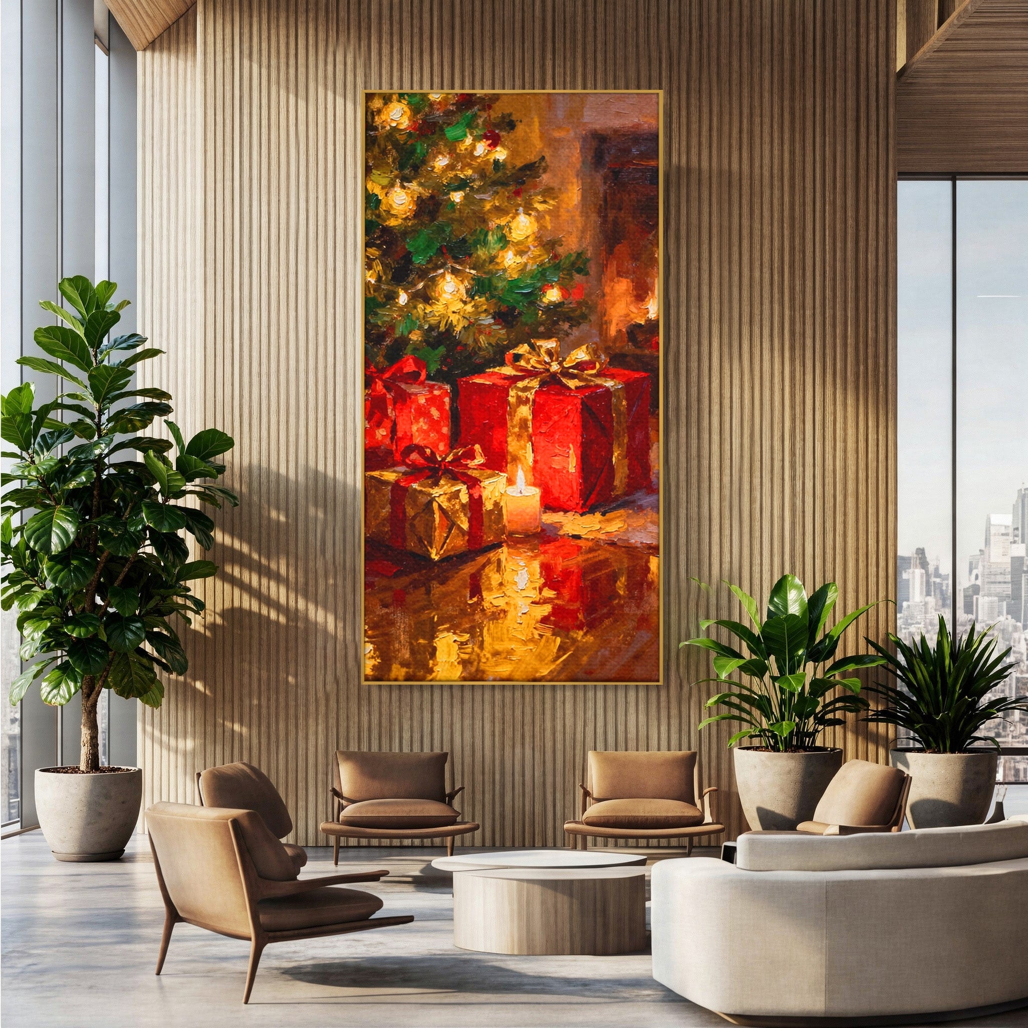 Tablou Canvas Premium LuxCanva® PI1325, Cadouri De Craciun, Lumini, Ajun, Brad, Sarbatori, Culori Vibrante, Living, Dormitor