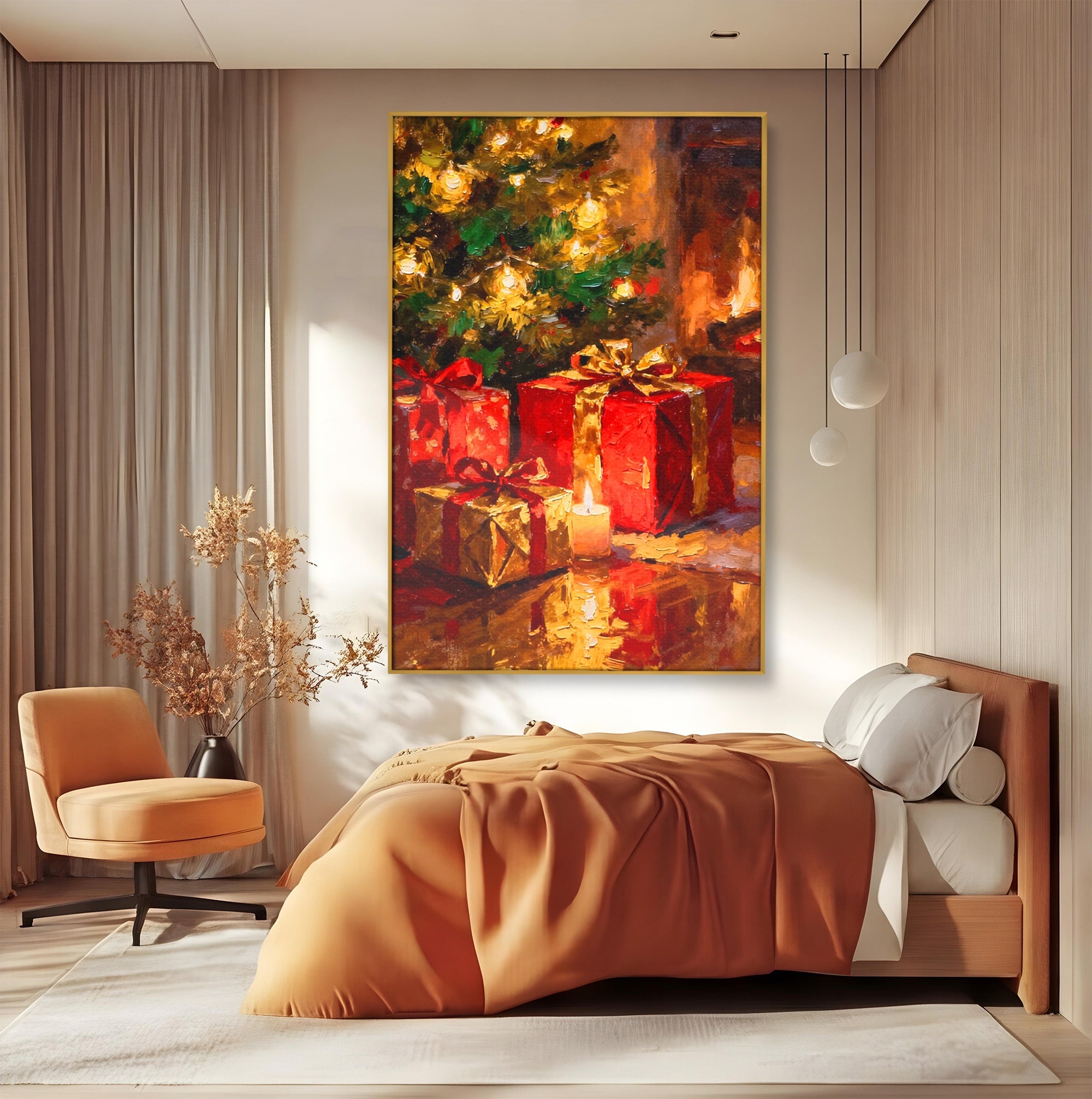 Tablou Canvas Premium LuxCanva® PI1325, Cadouri De Craciun, Lumini, Ajun, Brad, Sarbatori, Culori Vibrante, Living, Dormitor