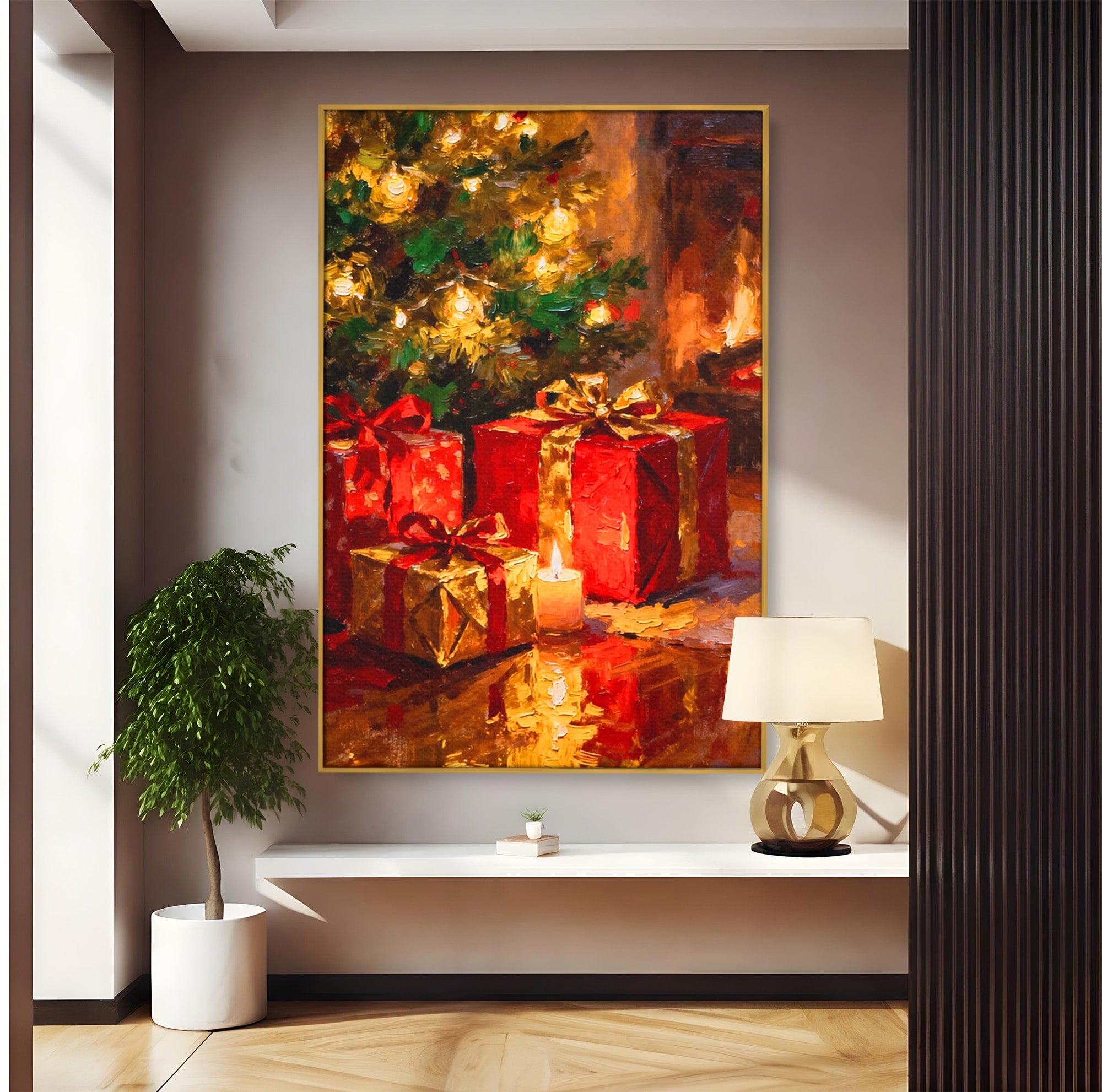 Tablou Canvas Premium LuxCanva® PI1325, Cadouri De Craciun, Lumini, Ajun, Brad, Sarbatori, Culori Vibrante, Living, Dormitor