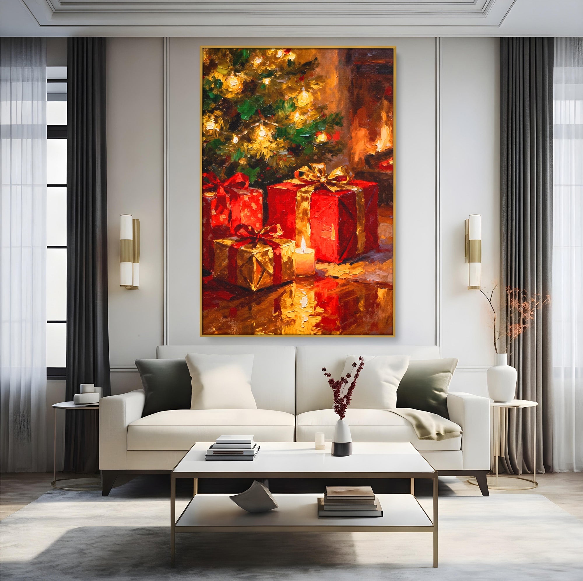 Tablou Canvas Premium LuxCanva® PI1325, Cadouri De Craciun, Lumini, Ajun, Brad, Sarbatori, Culori Vibrante, Living, Dormitor