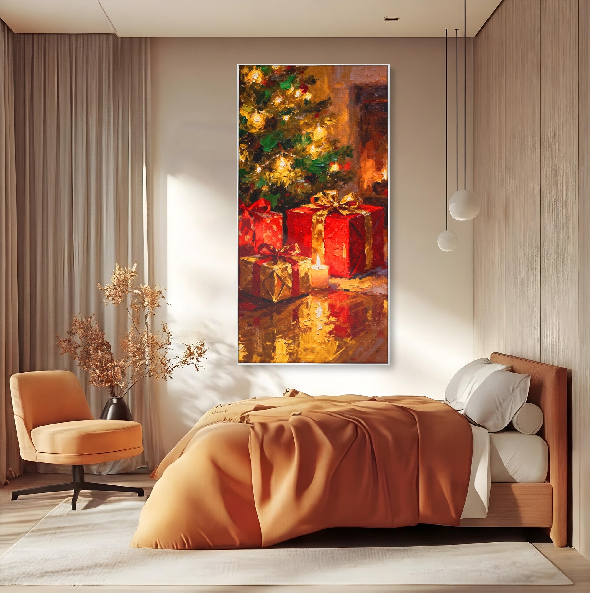 Tablou Canvas Premium LuxCanva® PI1325, Cadouri De Craciun, Lumini, Ajun, Brad, Sarbatori, Culori Vibrante, Living, Dormitor