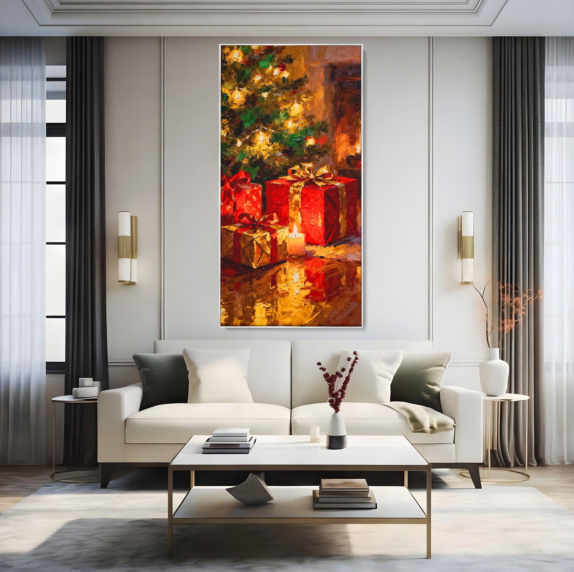 Tablou Canvas Premium LuxCanva® PI1325, Cadouri De Craciun, Lumini, Ajun, Brad, Sarbatori, Culori Vibrante, Living, Dormitor