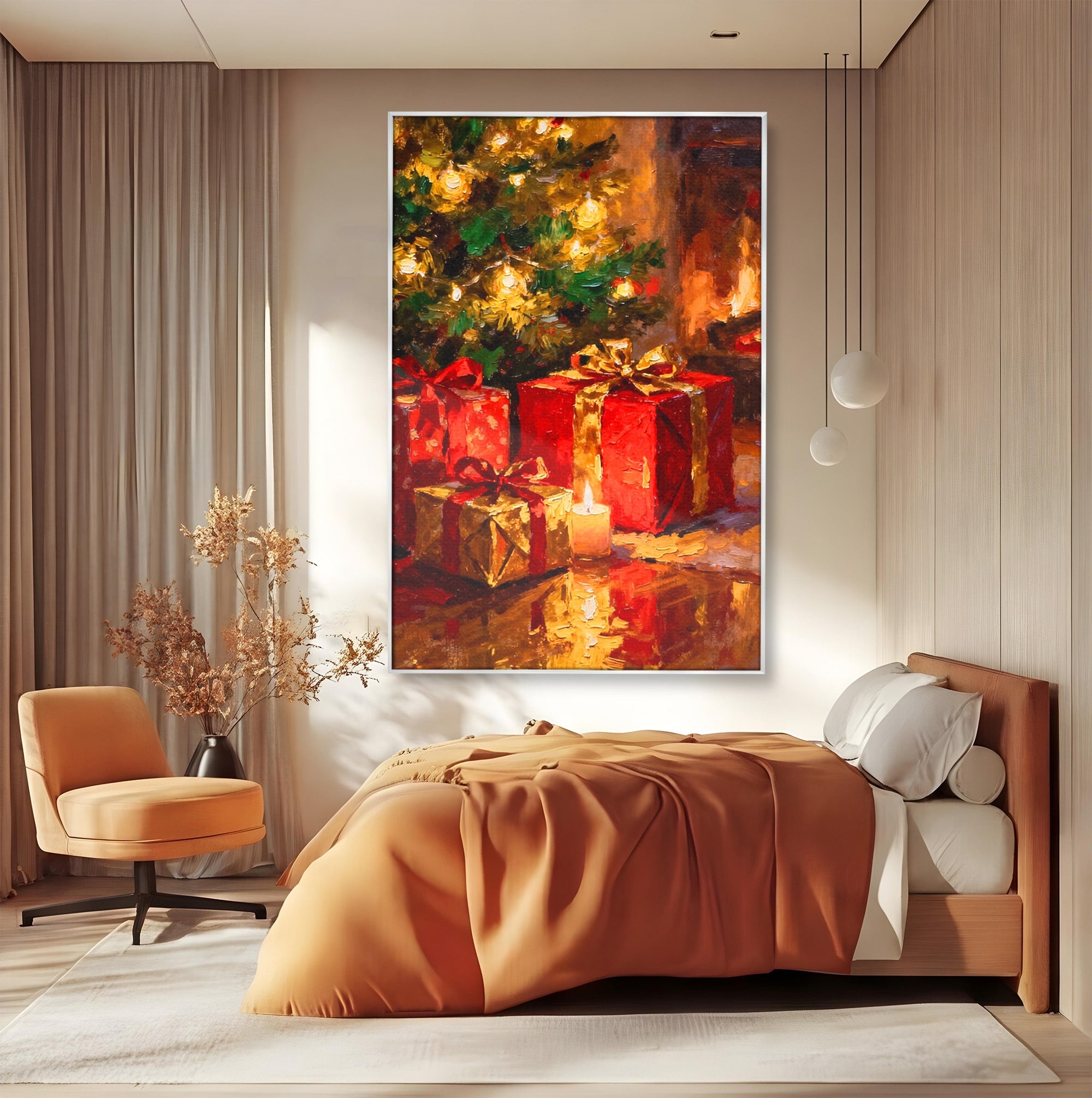 Tablou Canvas Premium LuxCanva® PI1325, Cadouri De Craciun, Lumini, Ajun, Brad, Sarbatori, Culori Vibrante, Living, Dormitor