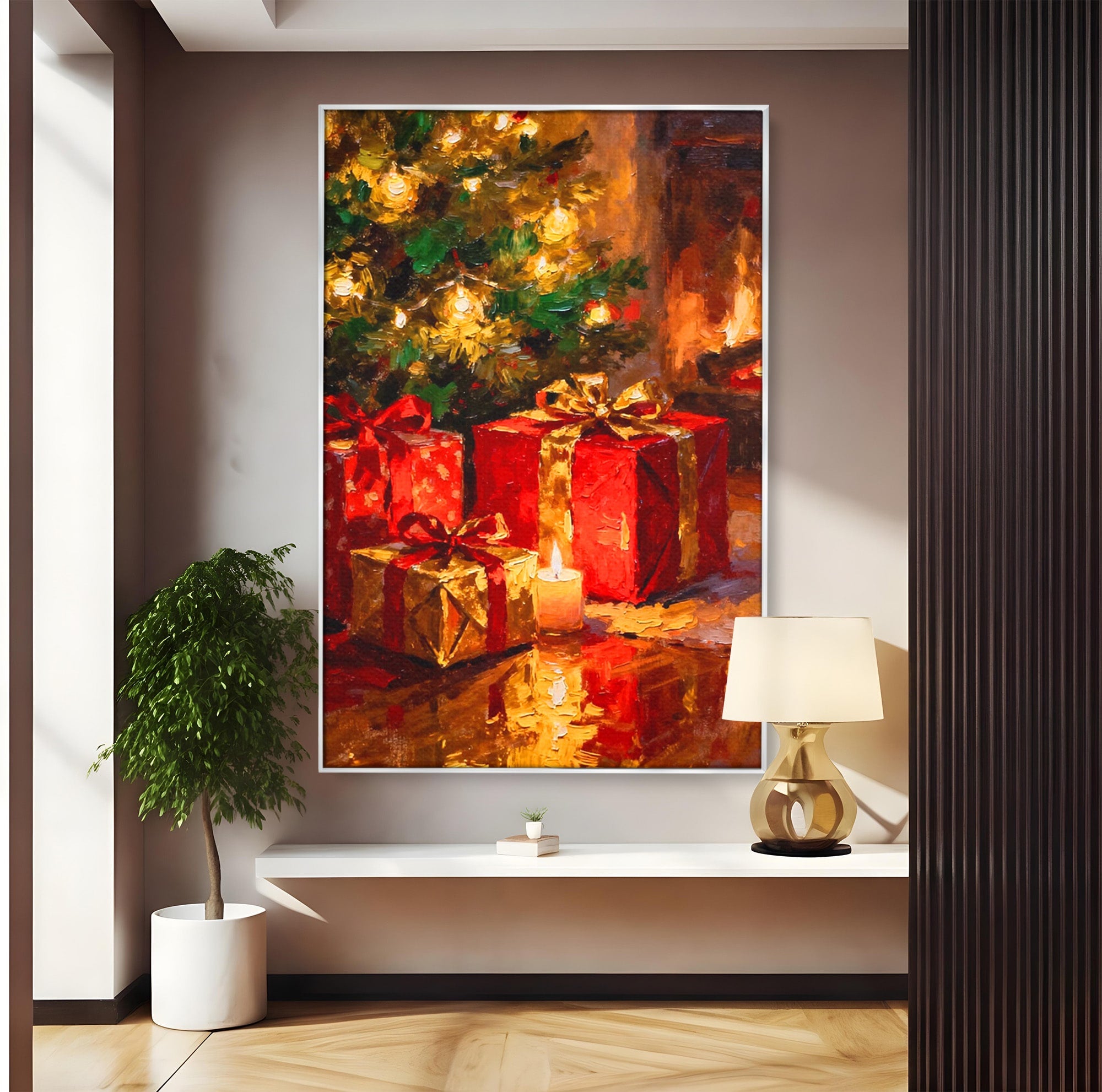 Tablou Canvas Premium LuxCanva® PI1325, Cadouri De Craciun, Lumini, Ajun, Brad, Sarbatori, Culori Vibrante, Living, Dormitor