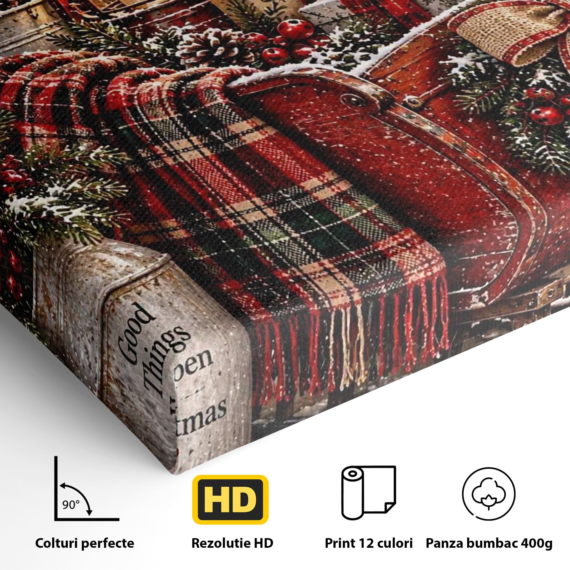 Tablou Canvas Premium LuxCanva® PI1327, Sania De Craciun, Patura, Iarna, Decor, Santa, Festiv, Culori Vibrante, Living, Dormitor