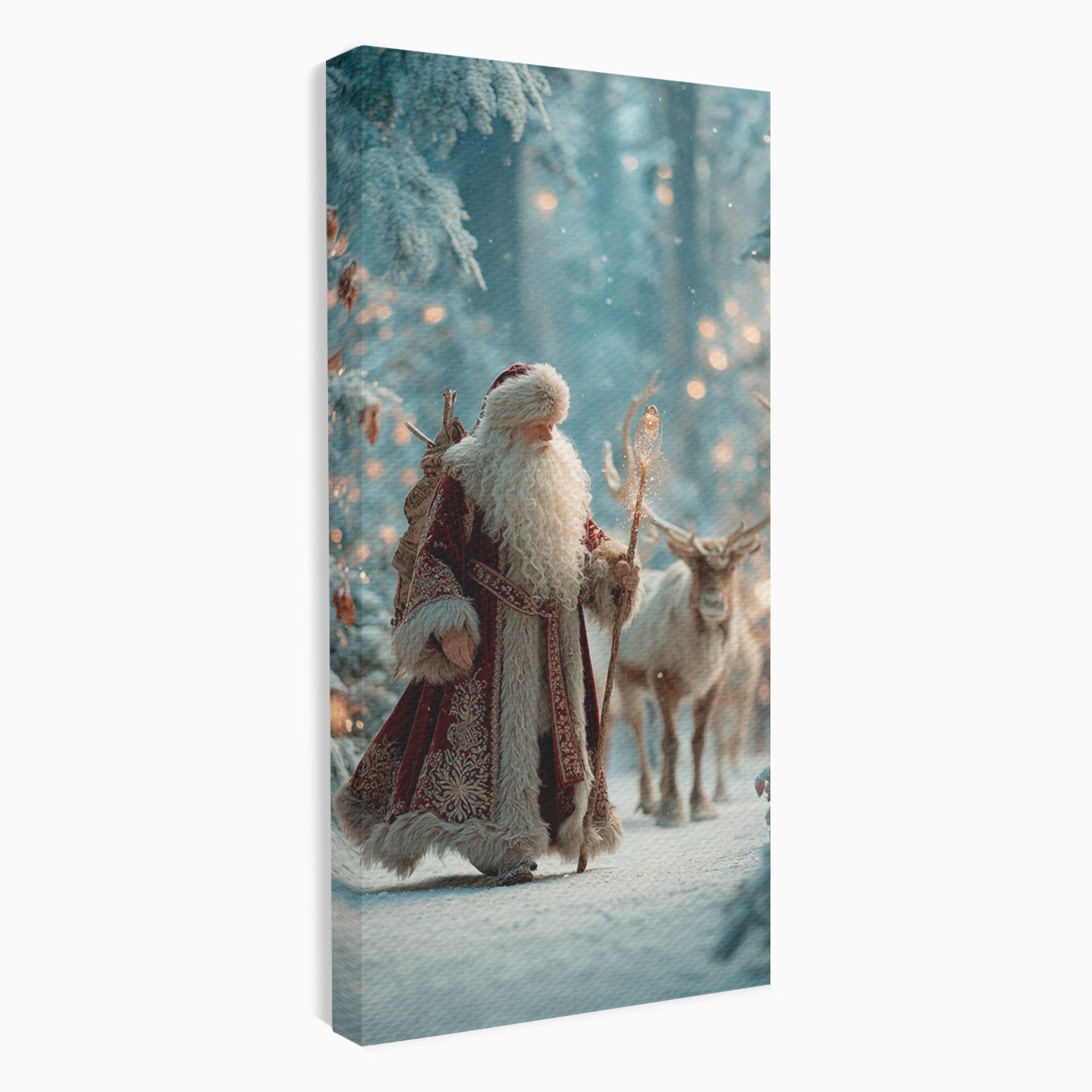 Tablou Canvas Premium LuxCanva® PI1328, Mos Craciun In Padure, Plimbare, Iarna, Padure, Magie, Ren, Sarbatori, Culori Vibrante, Living, Dormitor, Camera Copii